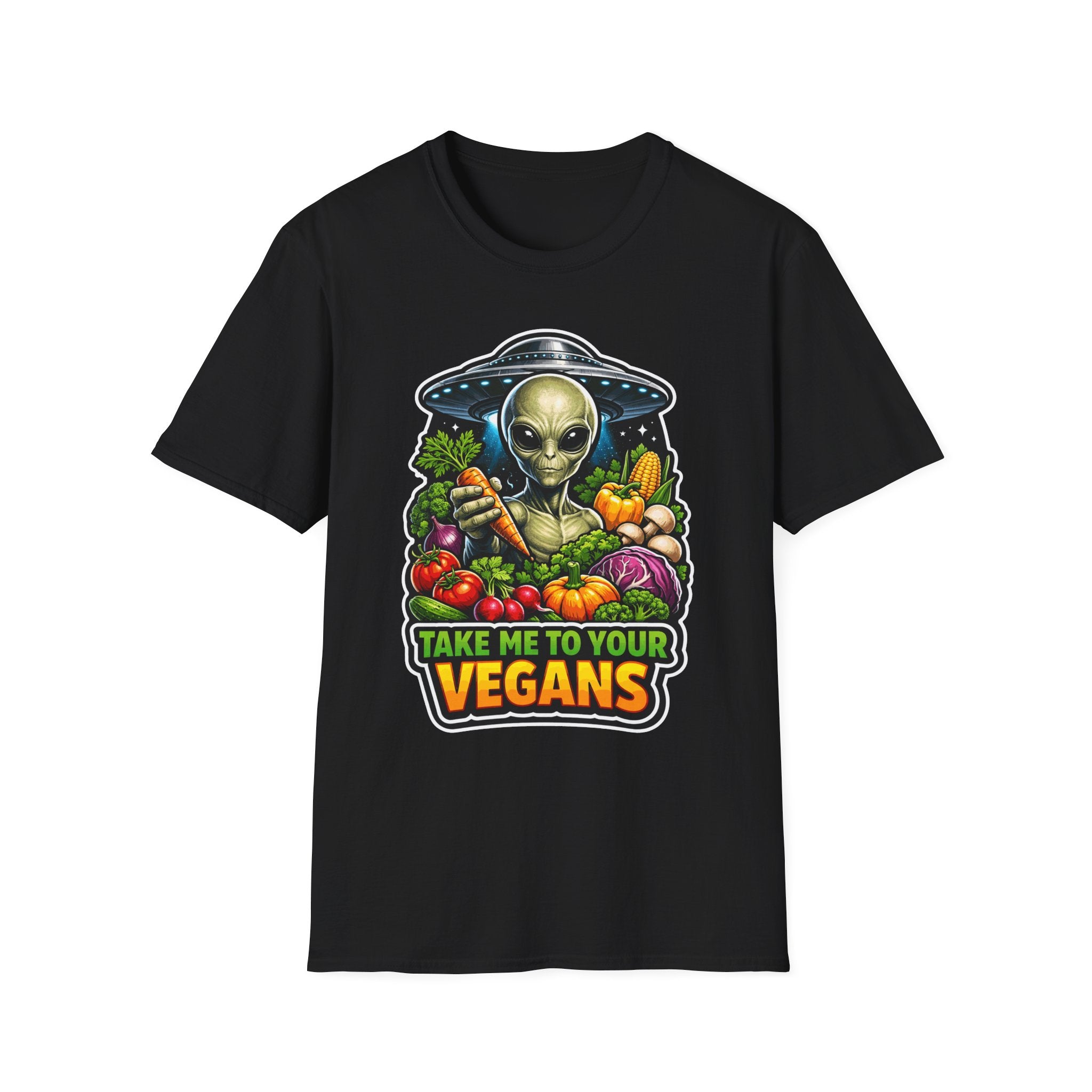 Take Me to Your Vegans Funny Alien with Vegetables T-Shirt | Cosmic Encounters Collection by PetPulse