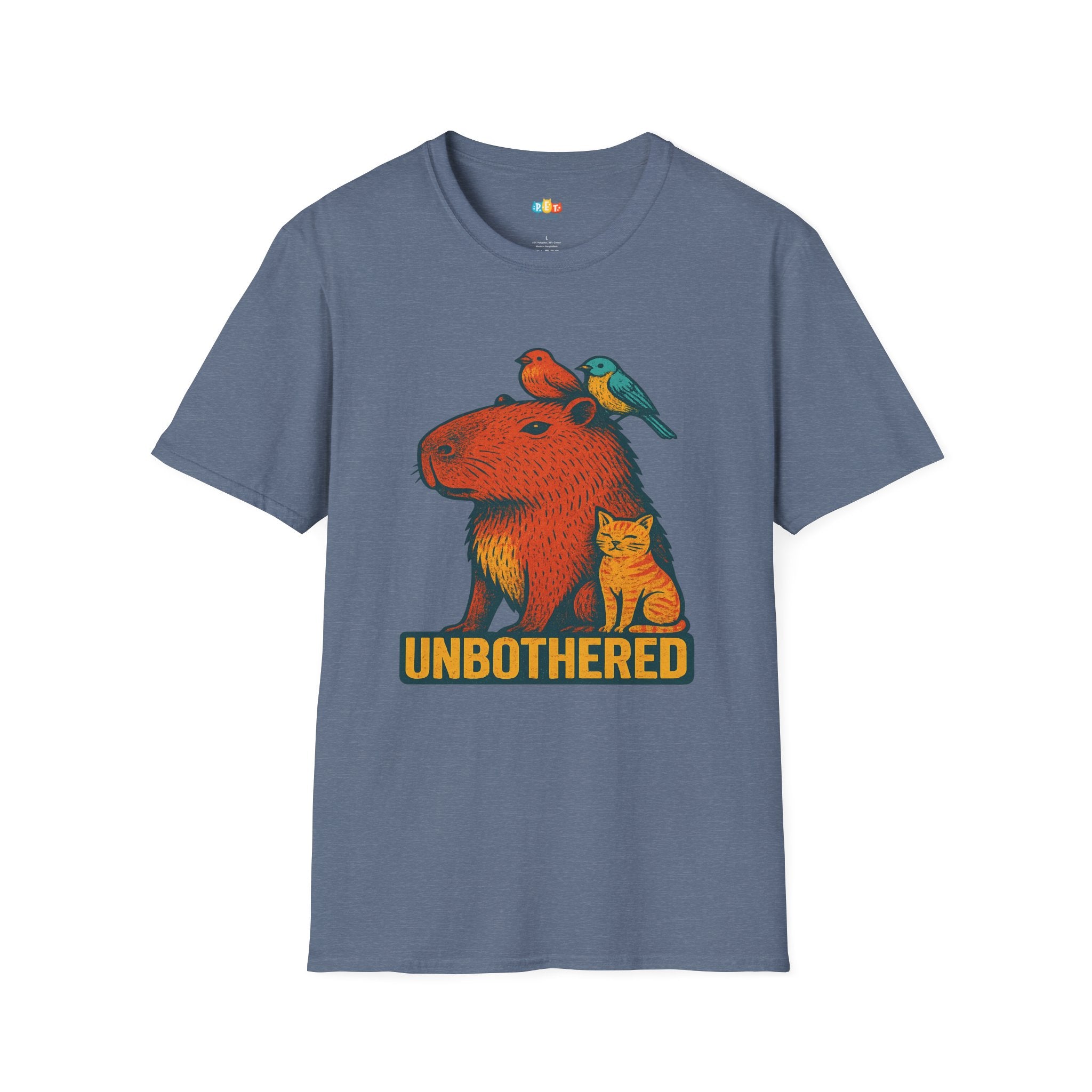 Unbothered Capybara With Cat And Birds T-Shirt - Funny Chill Animal Friendship Zen Vibes Graphic Tee