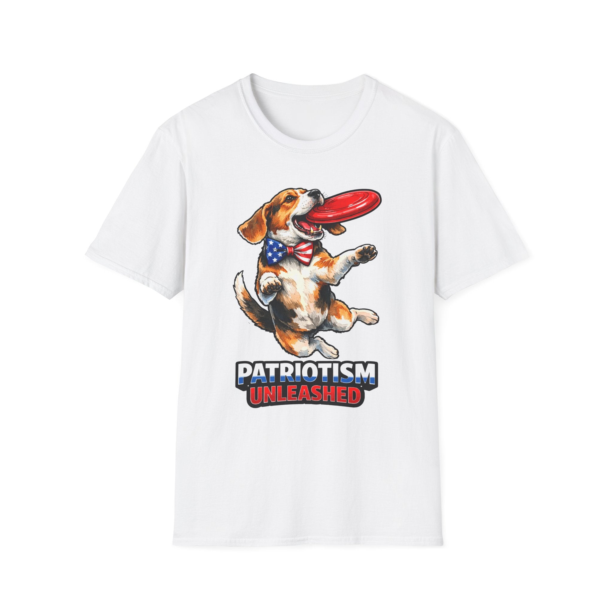 Patriotism Unleashed Funny Beagle Frisbee T-Shirt | Patriotic Beagle Catching Red Disc Graphic Tee | Uncle Sam Pups