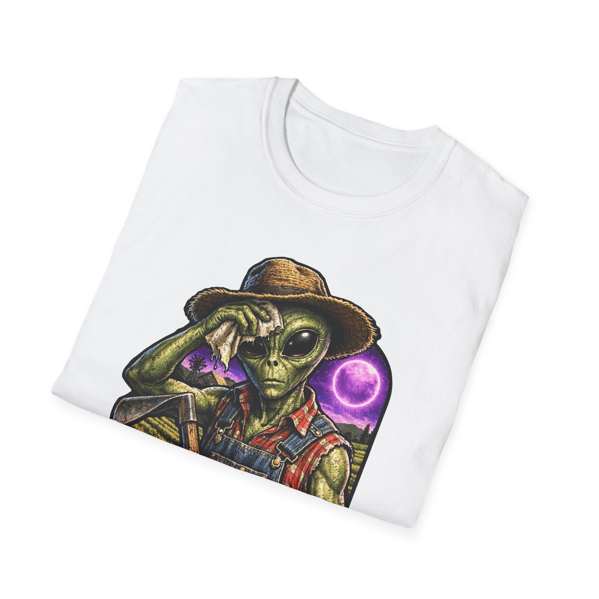 Tilling the Stars Funny Alien Farmer T-Shirt | Cosmic Encounters Collection by PetPulse