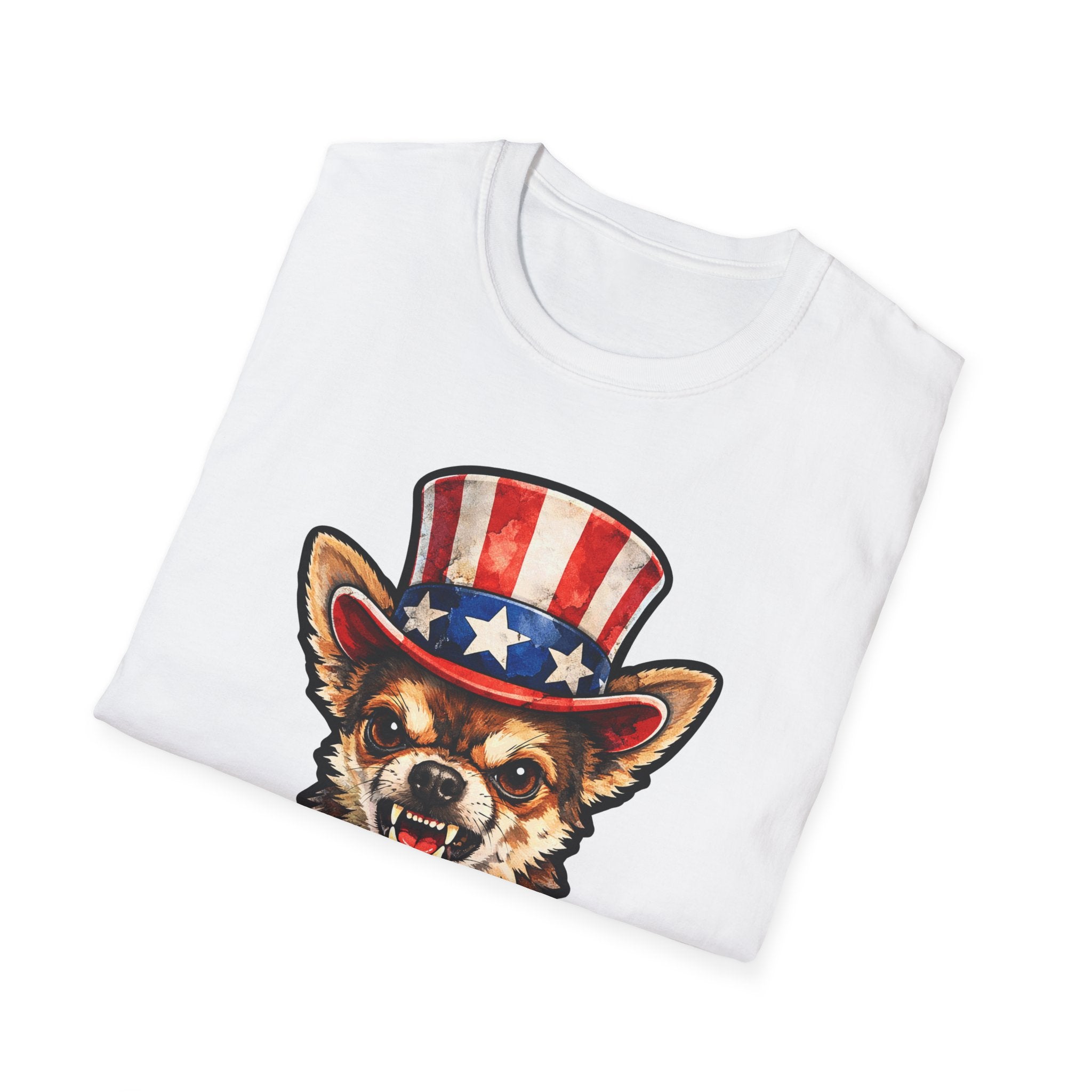 Barking for America Funny Uncle Sam Chihuahua T-Shirt | Patriotic Angry Chihuahua in Top Hat Graphic Tee | Uncle Sam Pups