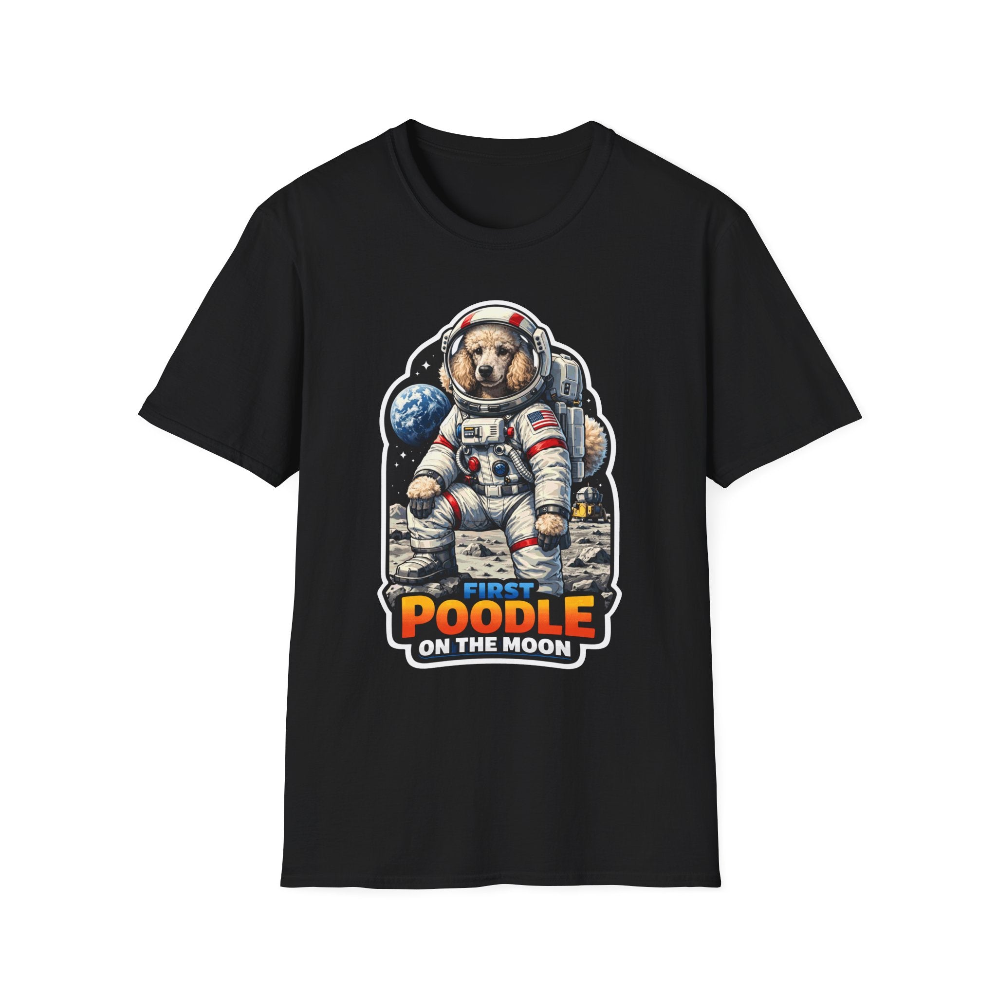 First Poodle on the Moon Funny Astronaut Standard Poodle T-Shirt | Cosmic Encounters Collection by PetPulse