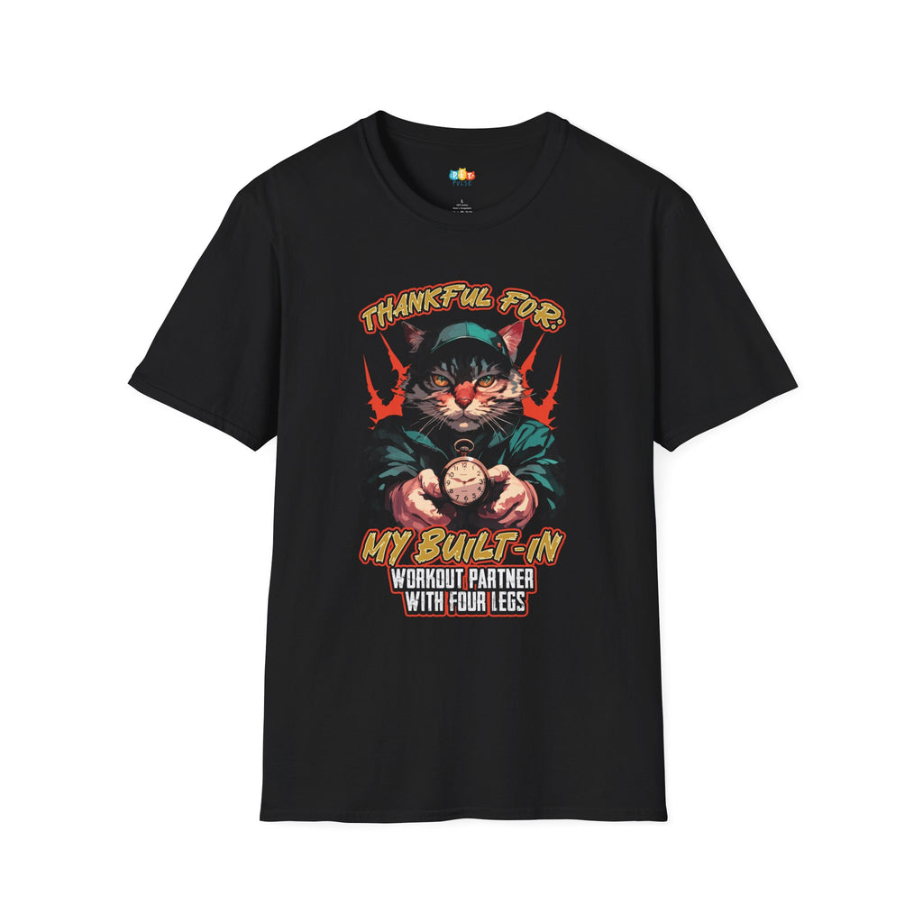 Thankful For My Built-In Workout Partner With Four Legs T-Shirt - Funny Cat Thanksgiving Pet Owner Fitness Graphic Tee