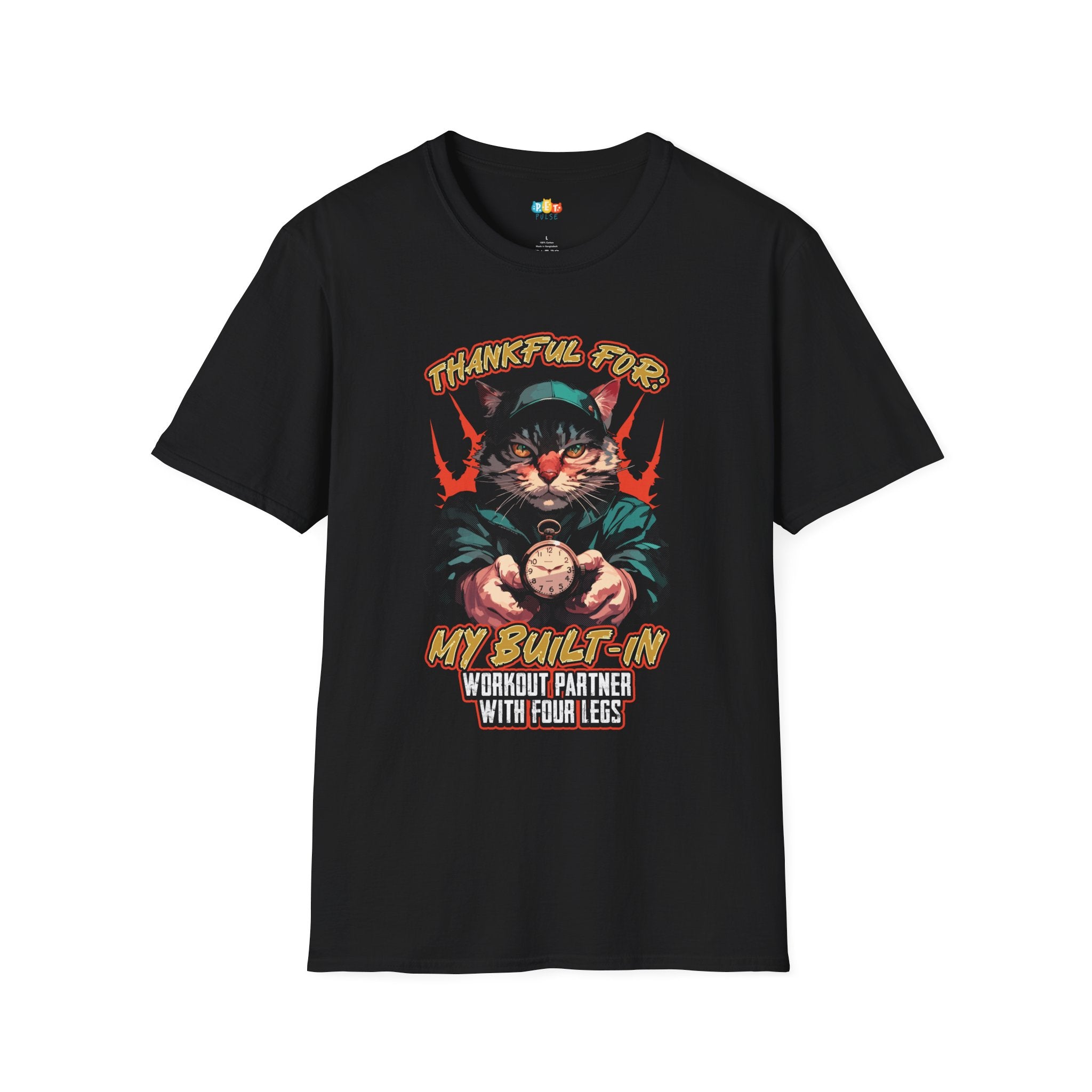 Thankful For My Built-In Workout Partner With Four Legs T-Shirt - Funny Cat Thanksgiving Pet Owner Fitness Graphic Tee