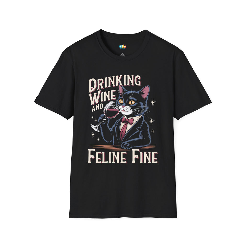 Drinking Wine and Feline Fine T-Shirt - Funny Cat Wine Lover Pun Feeling Good Wine Time Graphic Tee