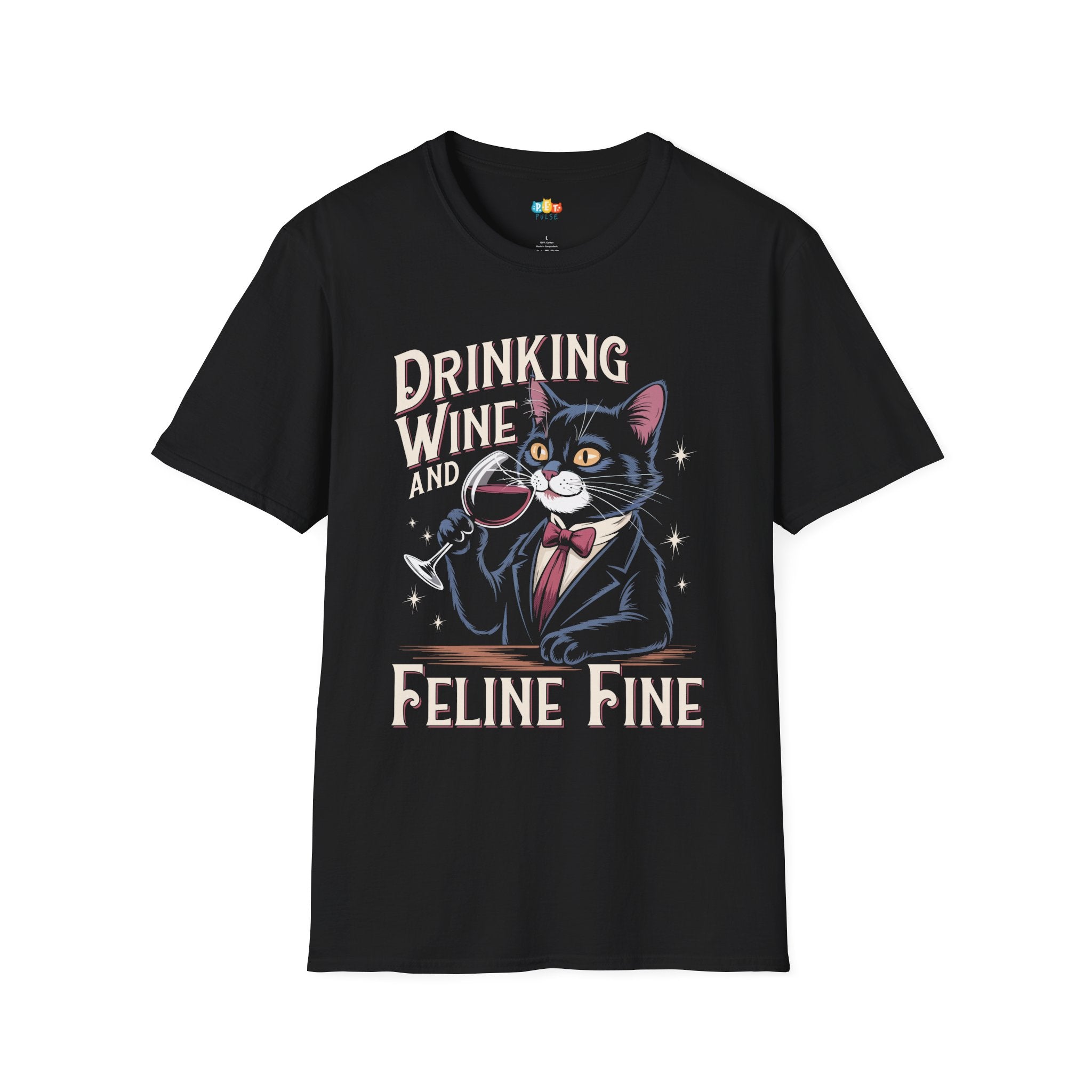 Drinking Wine and Feline Fine T-Shirt - Funny Cat Wine Lover Pun Feeling Good Wine Time Graphic Tee
