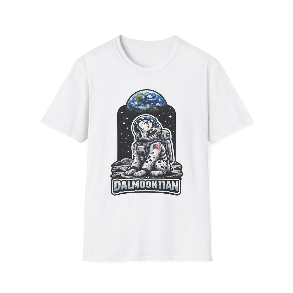 Dalmoontian Funny Dalmatian on the Moon T-Shirt | Cosmic Encounters Collection by PetPulse