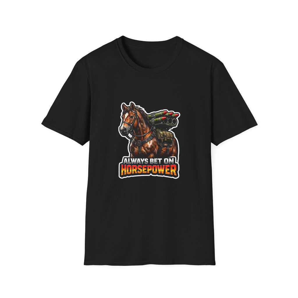 Always Bet on Horsepower Action Hero Horse T-Shirt | Tactical Rocket Launcher Horse Graphic Tee | Mane Event Collection by PetPulse