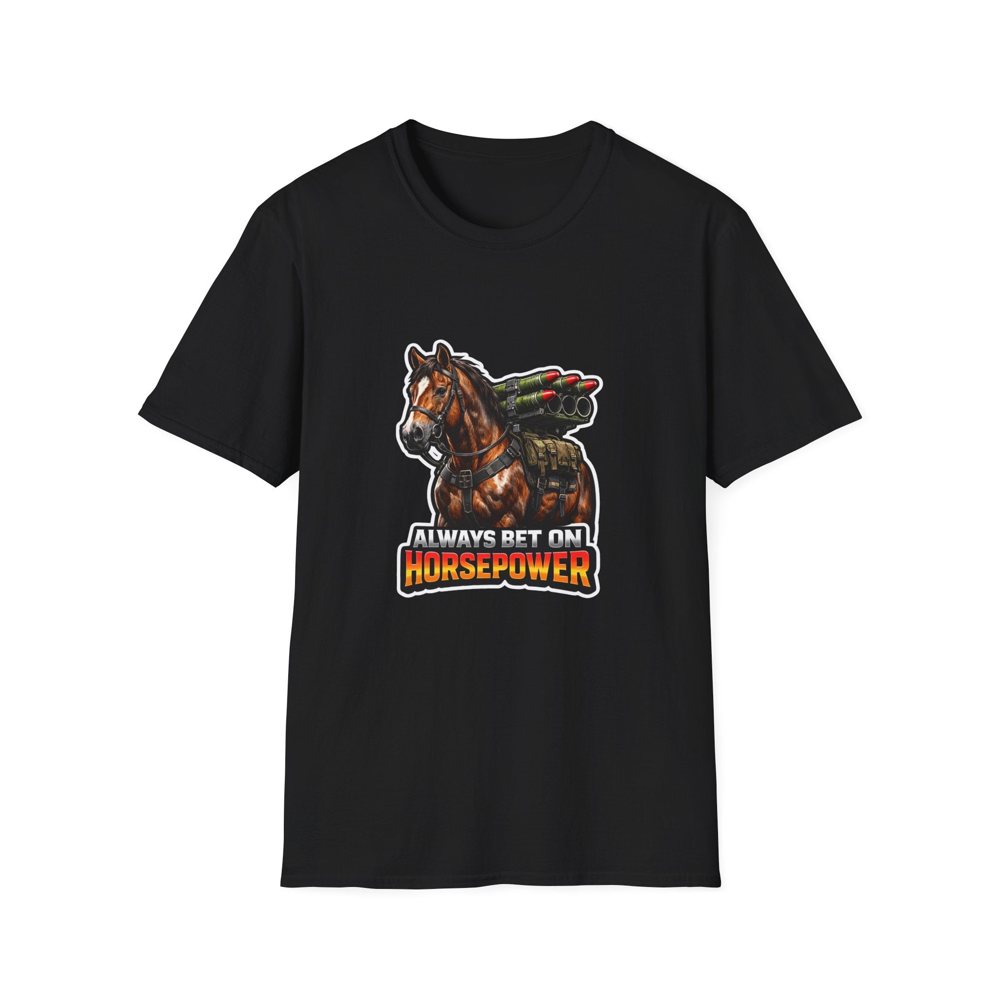 Always Bet on Horsepower Action Hero Horse T-Shirt | Tactical Rocket Launcher Horse Graphic Tee | Mane Event Collection by PetPulse
