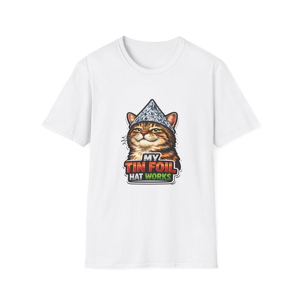My Tin Foil Hat Works Funny Smug Conspiracy Cat T-Shirt | Cat-Spiracy Theorist Series | Pet-Spiracy Theorist Collection by PetPulse