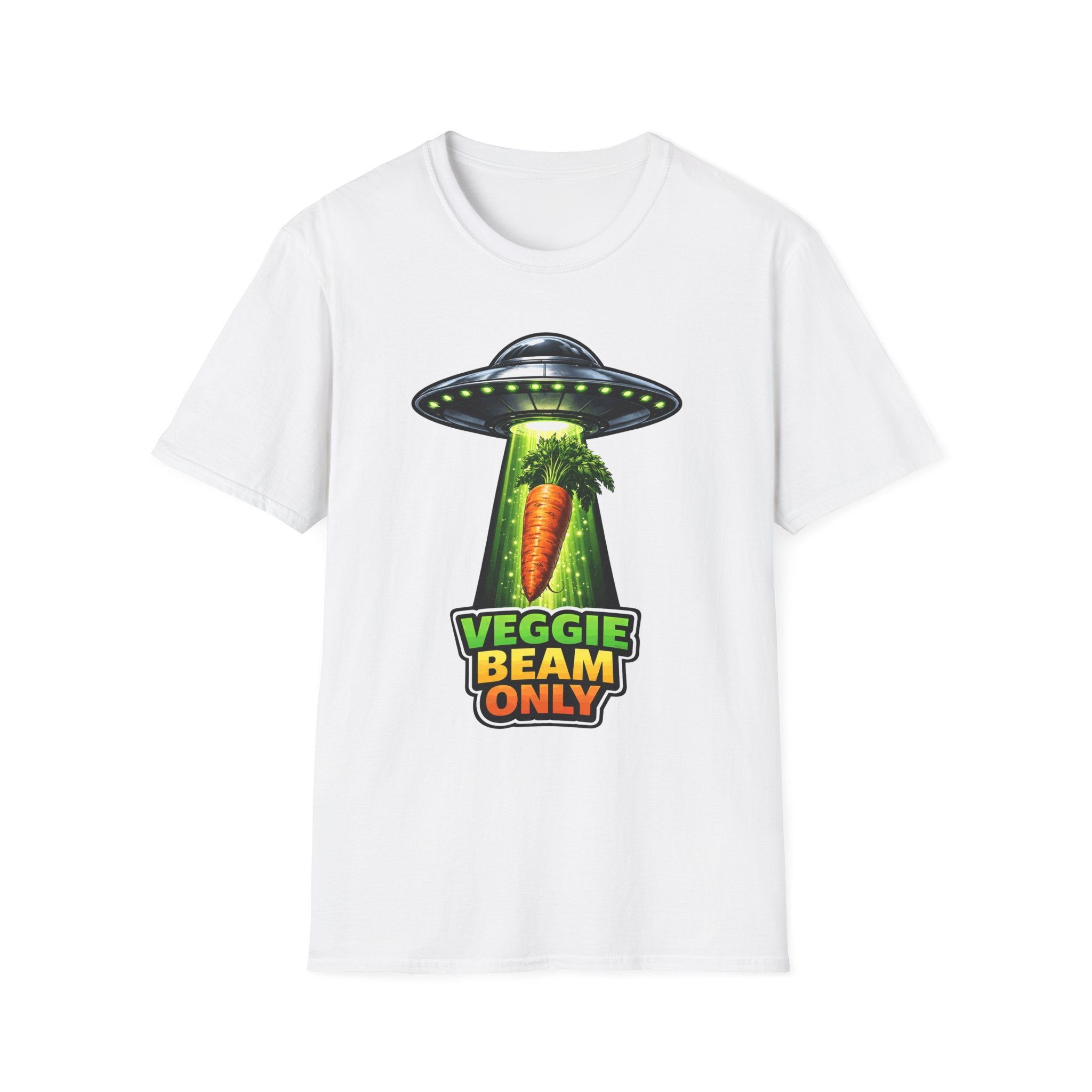 Veggie Beam Only Funny UFO Abducting Carrot T-Shirt | Cosmic Encounters Collection by PetPulse