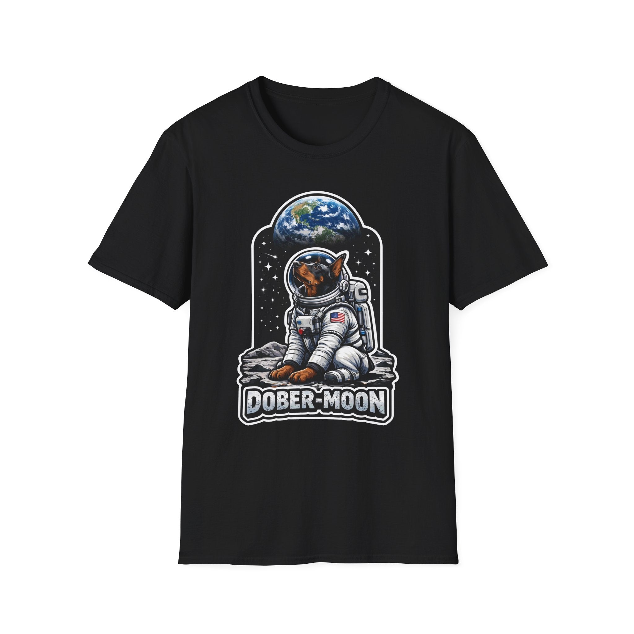 Dober-Moon Funny Doberman Pinscher on the Moon T-Shirt | Cosmic Encounters Collection by PetPulse