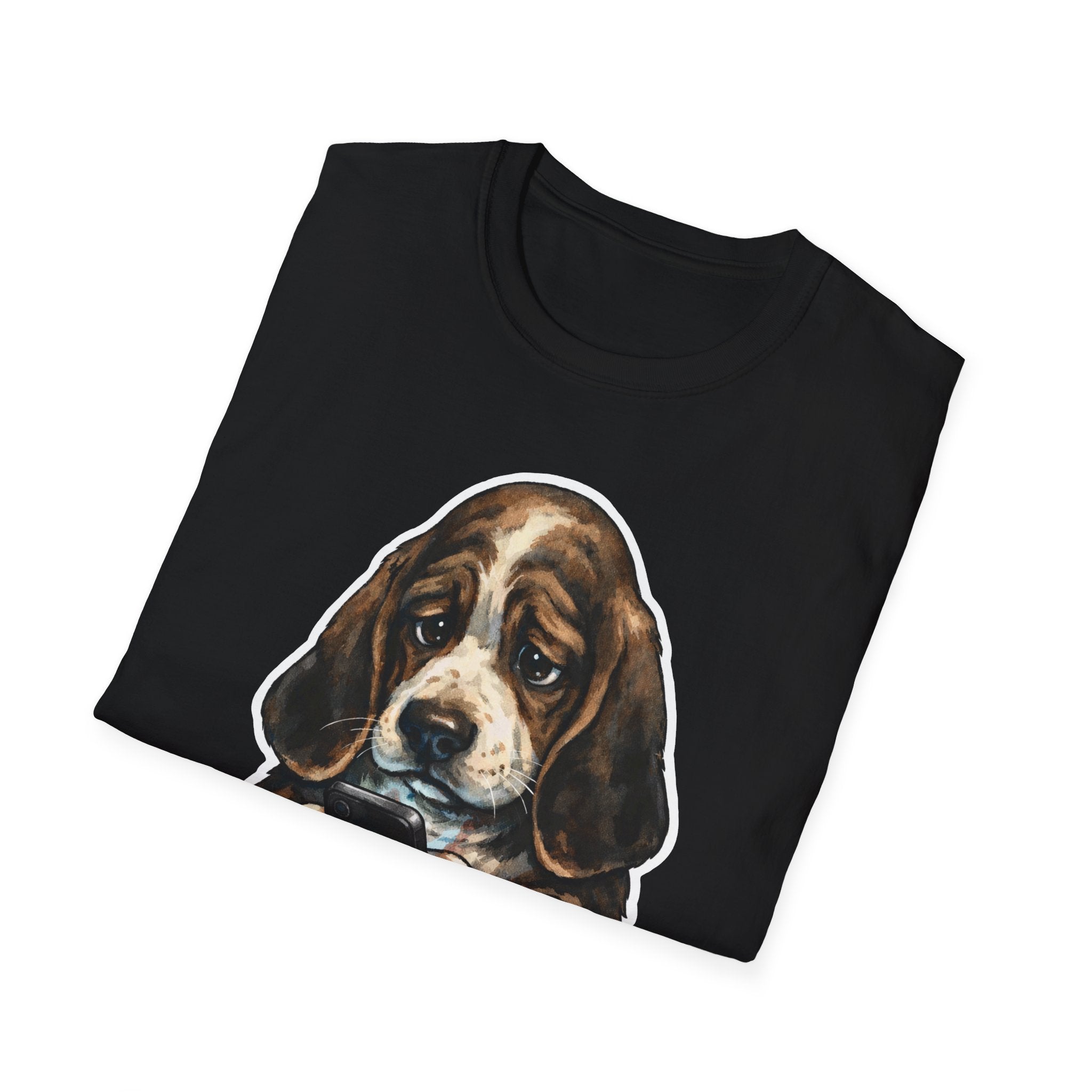 Bad News For a Good Boy Funny Basset Hound Doomscrolling T-Shirt | Tech Pack Collection by PetPulse