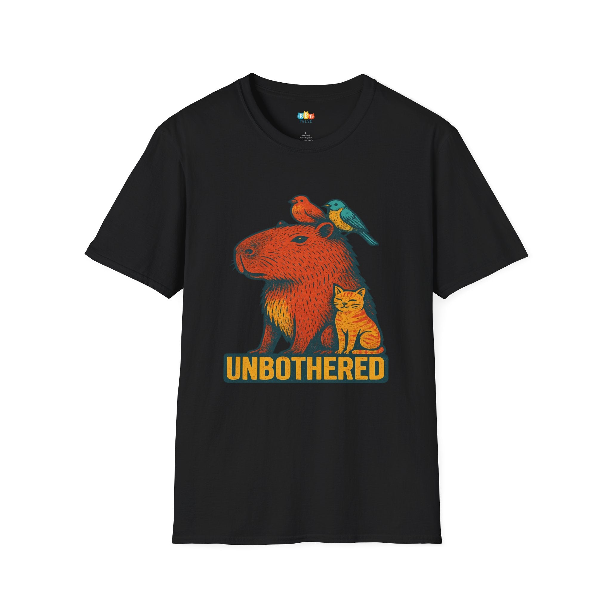 Unbothered Capybara With Cat And Birds T-Shirt - Funny Chill Animal Friendship Zen Vibes Graphic Tee