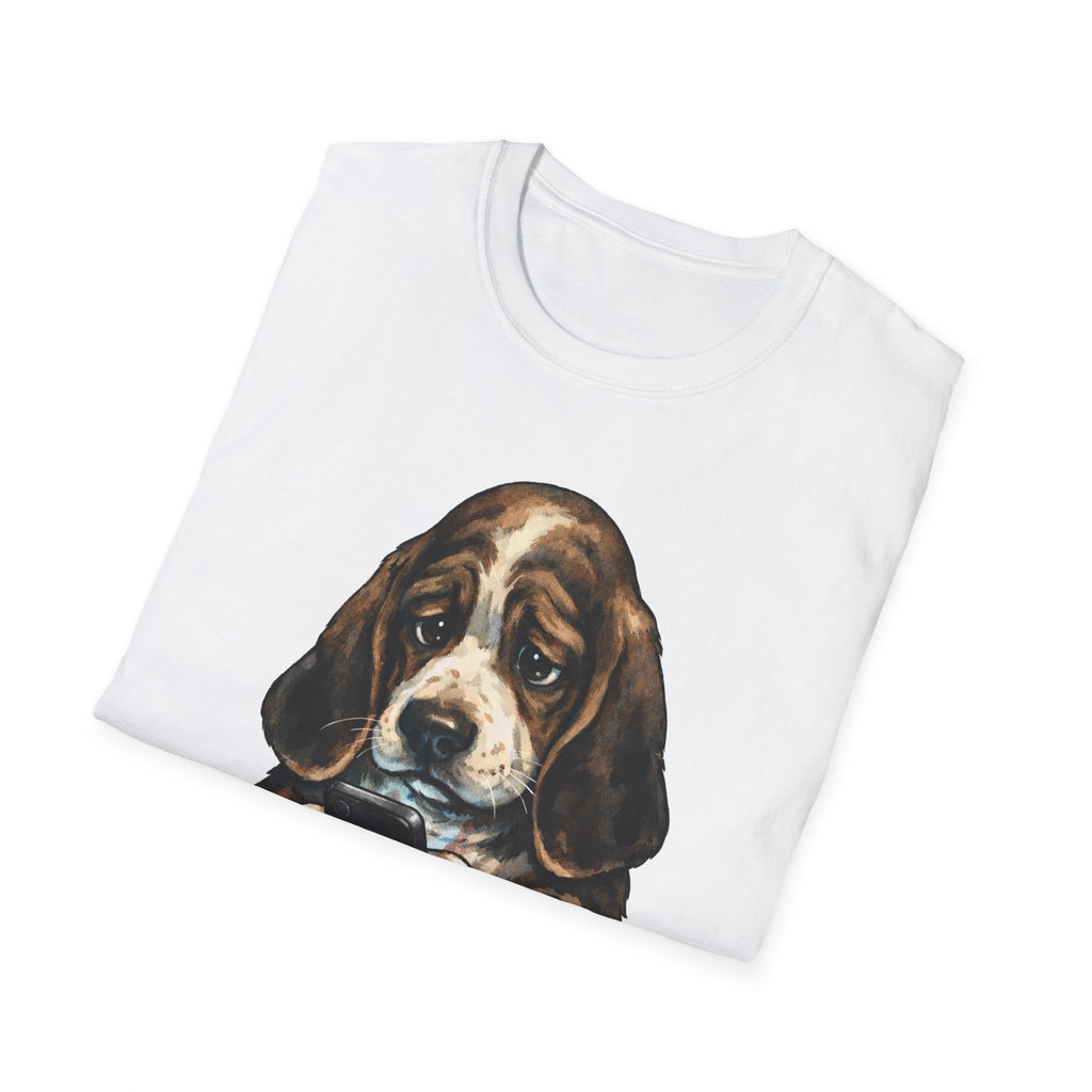 Bad News For a Good Boy Funny Basset Hound Doomscrolling T-Shirt | Tech Pack Collection by PetPulse