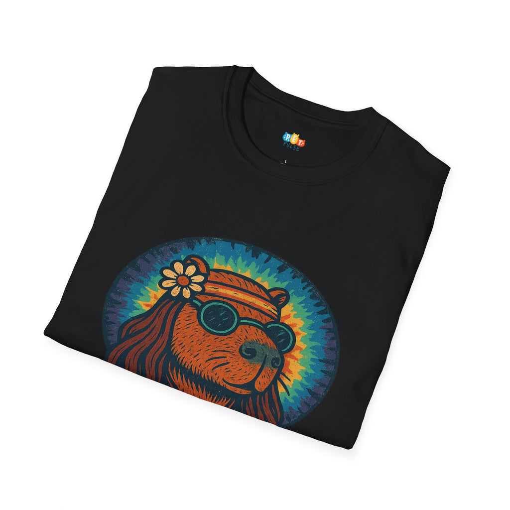 Groovy Capy Hippie Capybara T-Shirt - Funny Peace Sign Flower Power 60s Retro Tie Dye Vibes Graphic Tee