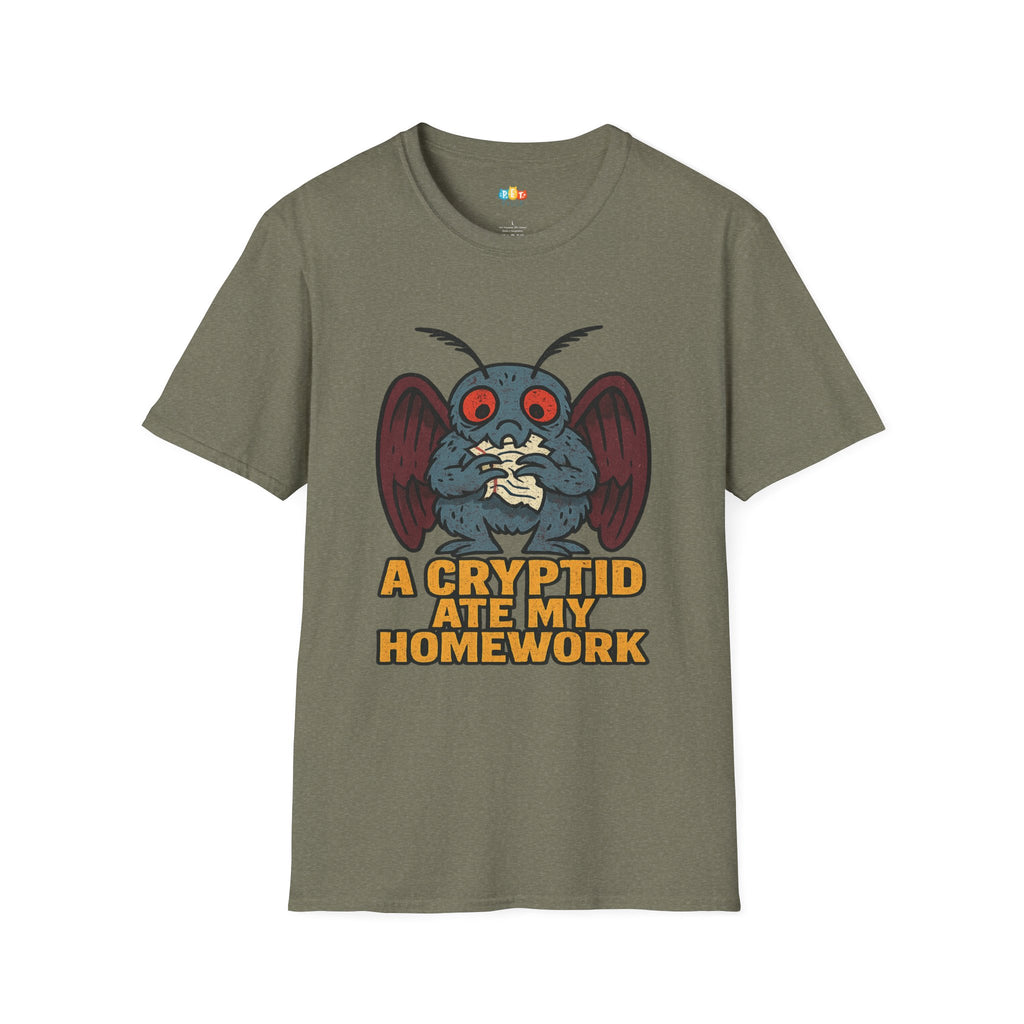 A Cryptid Ate My Homework T-Shirt - Funny Mothman Student School Excuse Legendary Creature Tee