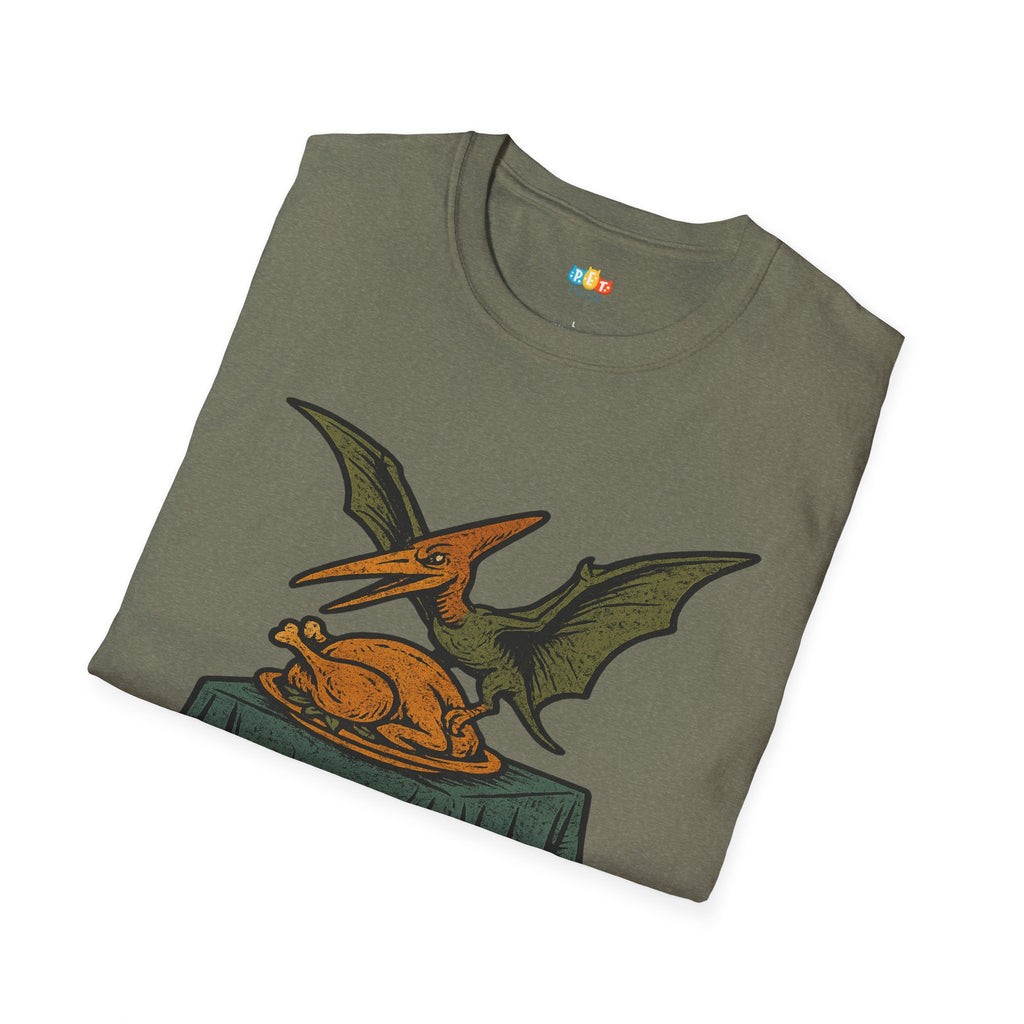 Dinner Is Served Pterodactyl Thanksgiving T-Shirt - Funny Flying Dinosaur Turkey Day Prehistoric Holiday Feast Tee