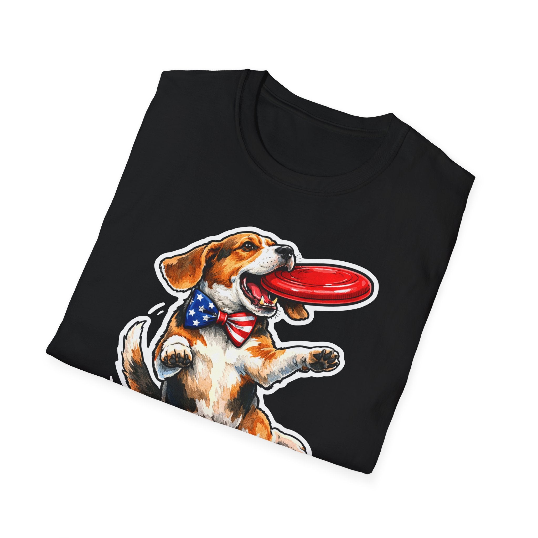 Patriotism Unleashed Funny Beagle Frisbee T-Shirt | Patriotic Beagle Catching Red Disc Graphic Tee | Uncle Sam Pups