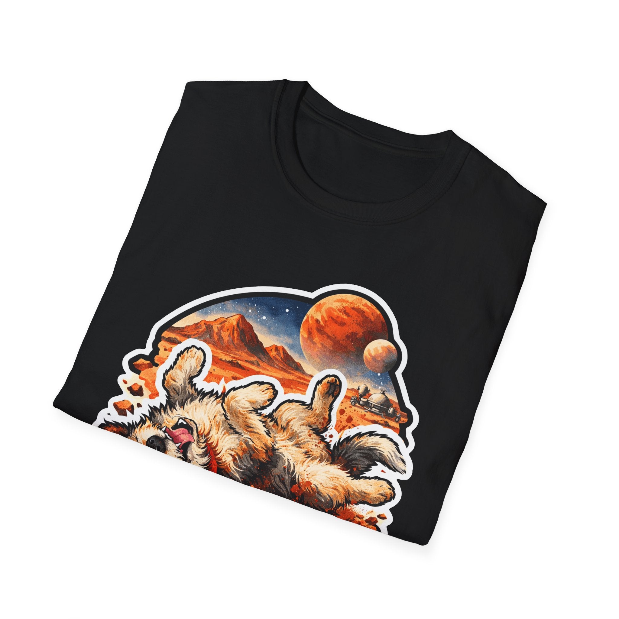Red Dirt Happy Dog Funny Dog Rolling in Mars Dirt T-Shirt | Cosmic Encounters Collection by PetPulse
