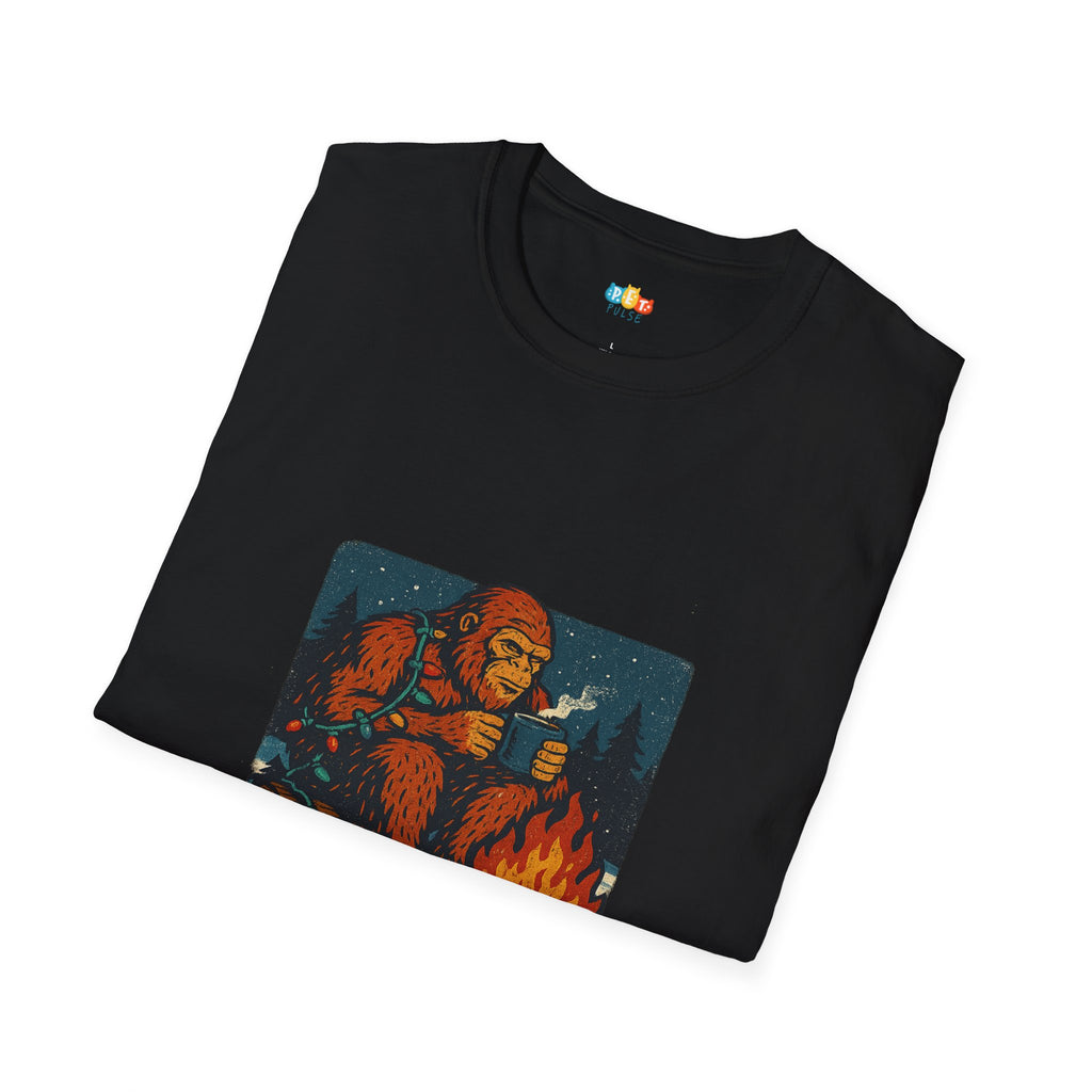 Believe In Warmth Bigfoot Christmas T-Shirt - Funny Holiday Sasquatch Campfire Coffee Winter Cryptid Tee
