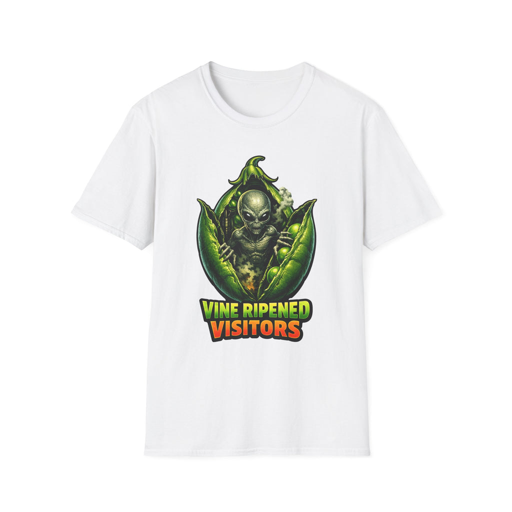 Vine Ripened Visitors Alien Bursting from Pea Pod T-Shirt | Cosmic Encounters Collection by PetPulse