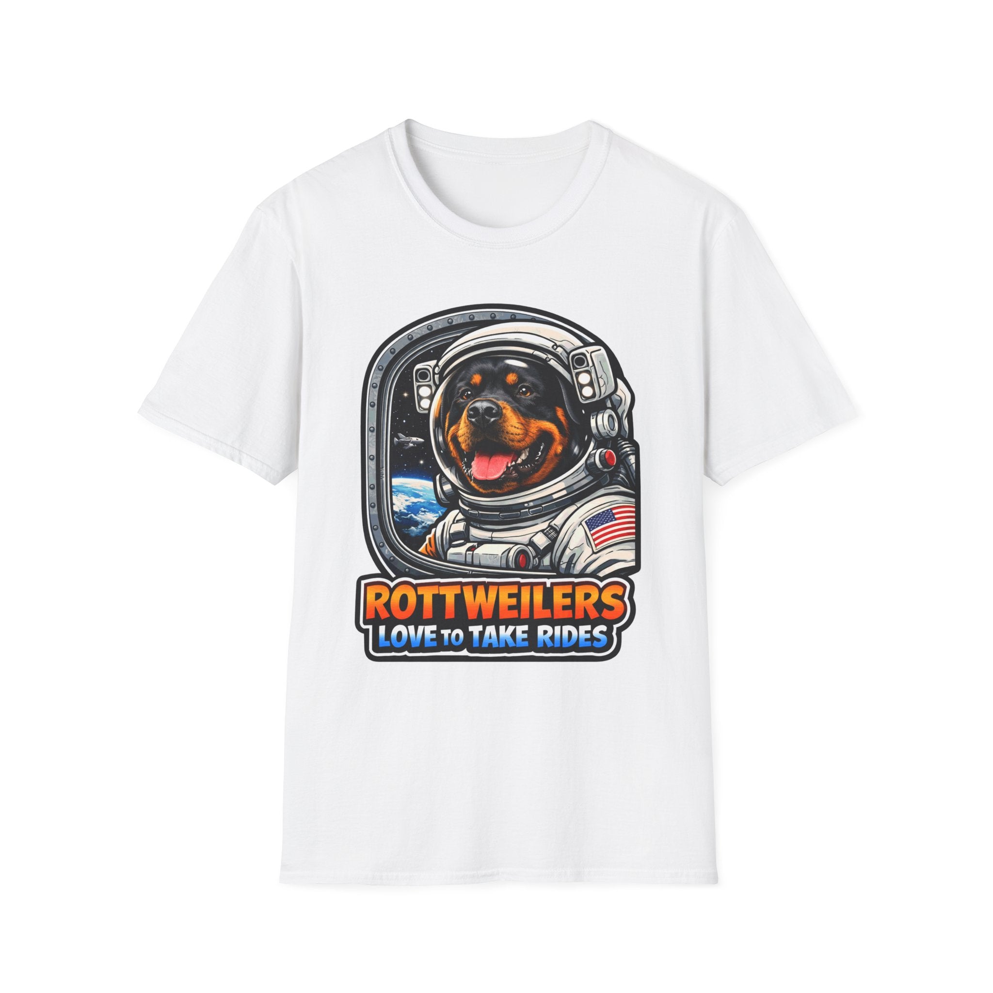 Rottweilers Love to Take Rides Funny Astronaut Rottweiler T-Shirt | Cosmic Encounters Collection by PetPulse