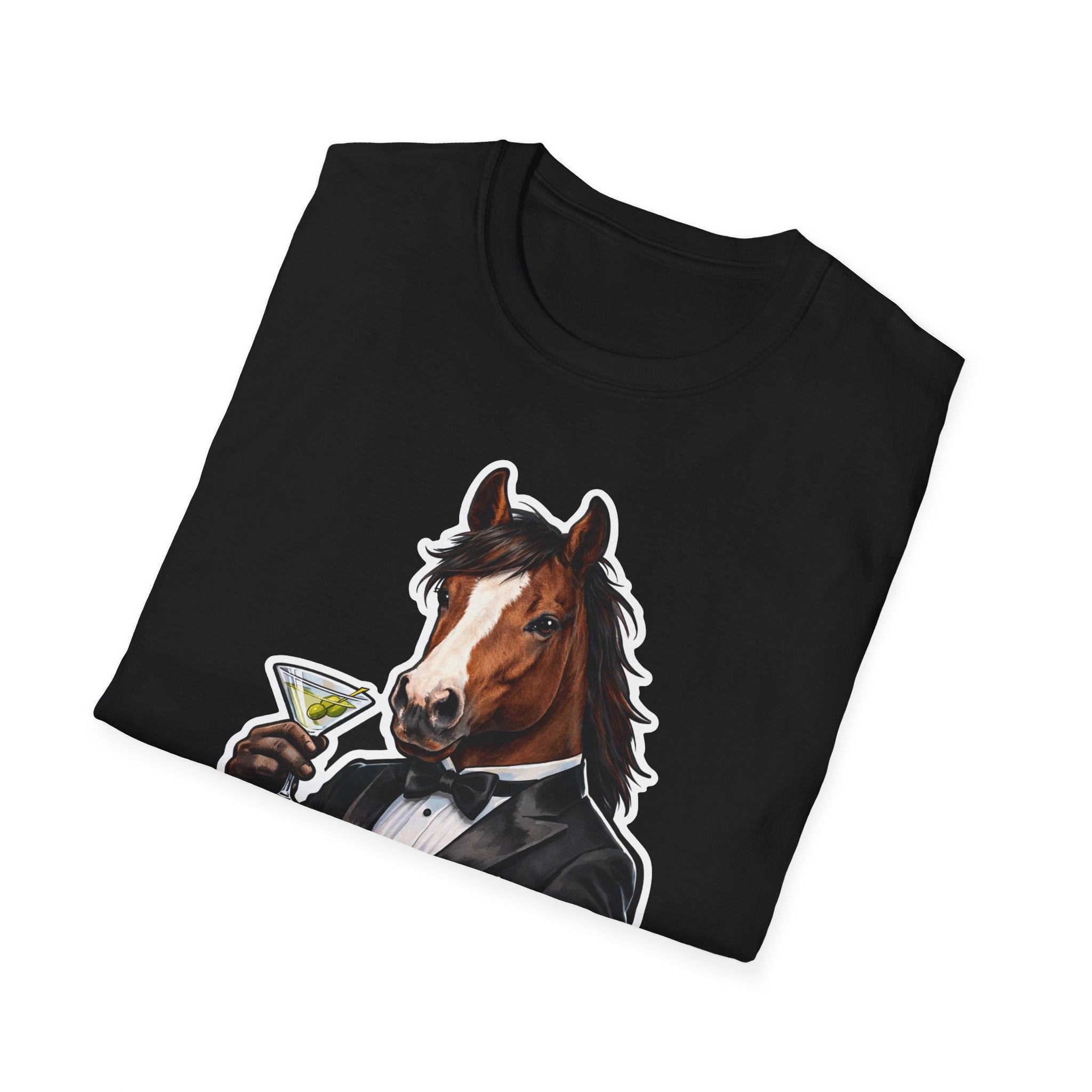 License to Trot Action Hero Horse T-Shirt | Tuxedo Martini Secret Agent Horse Graphic Tee | Mane Event Collection by PetPulse