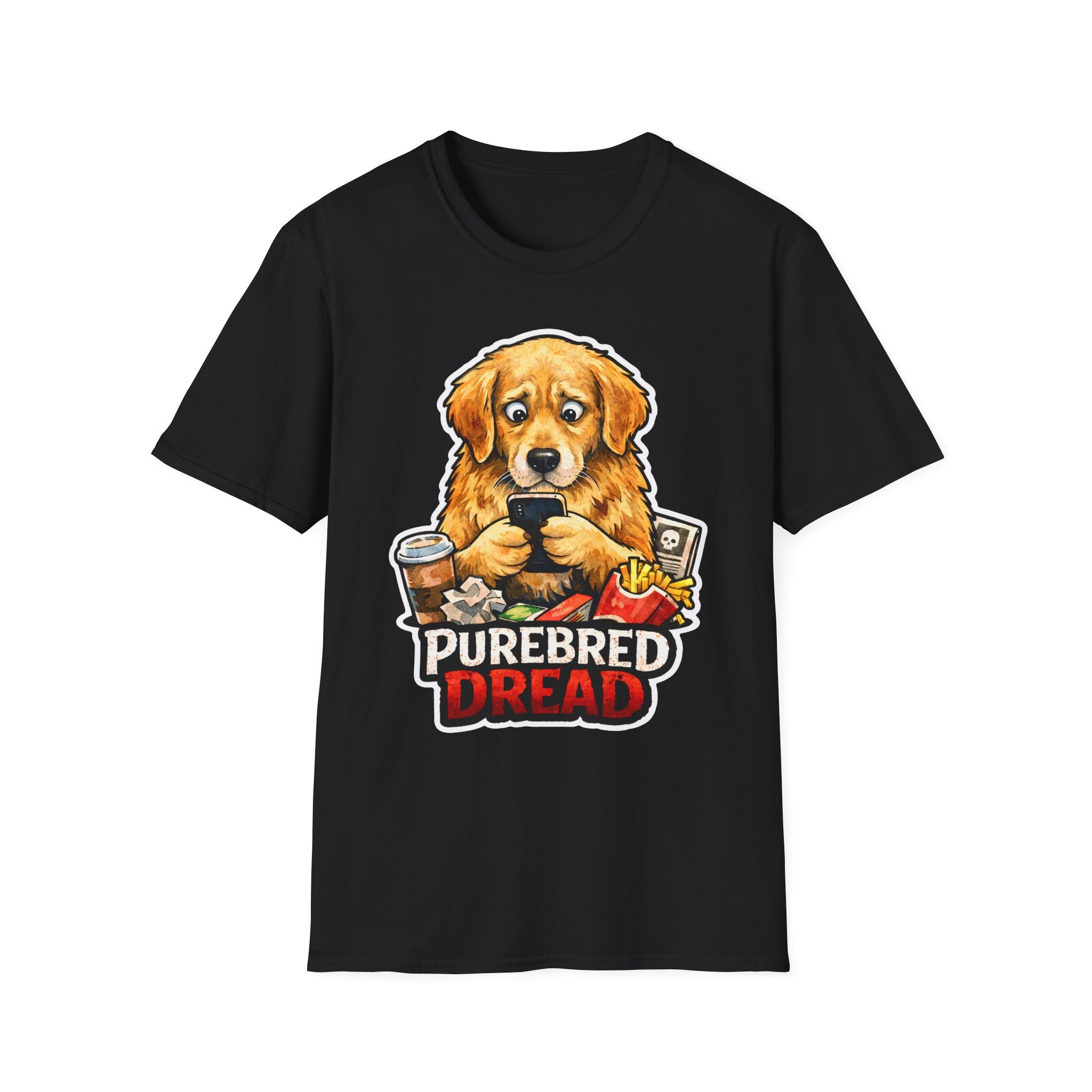 Purebred Dread Funny Golden Retriever Doomscrolling T-Shirt | Tech Pack Collection by PetPulse
