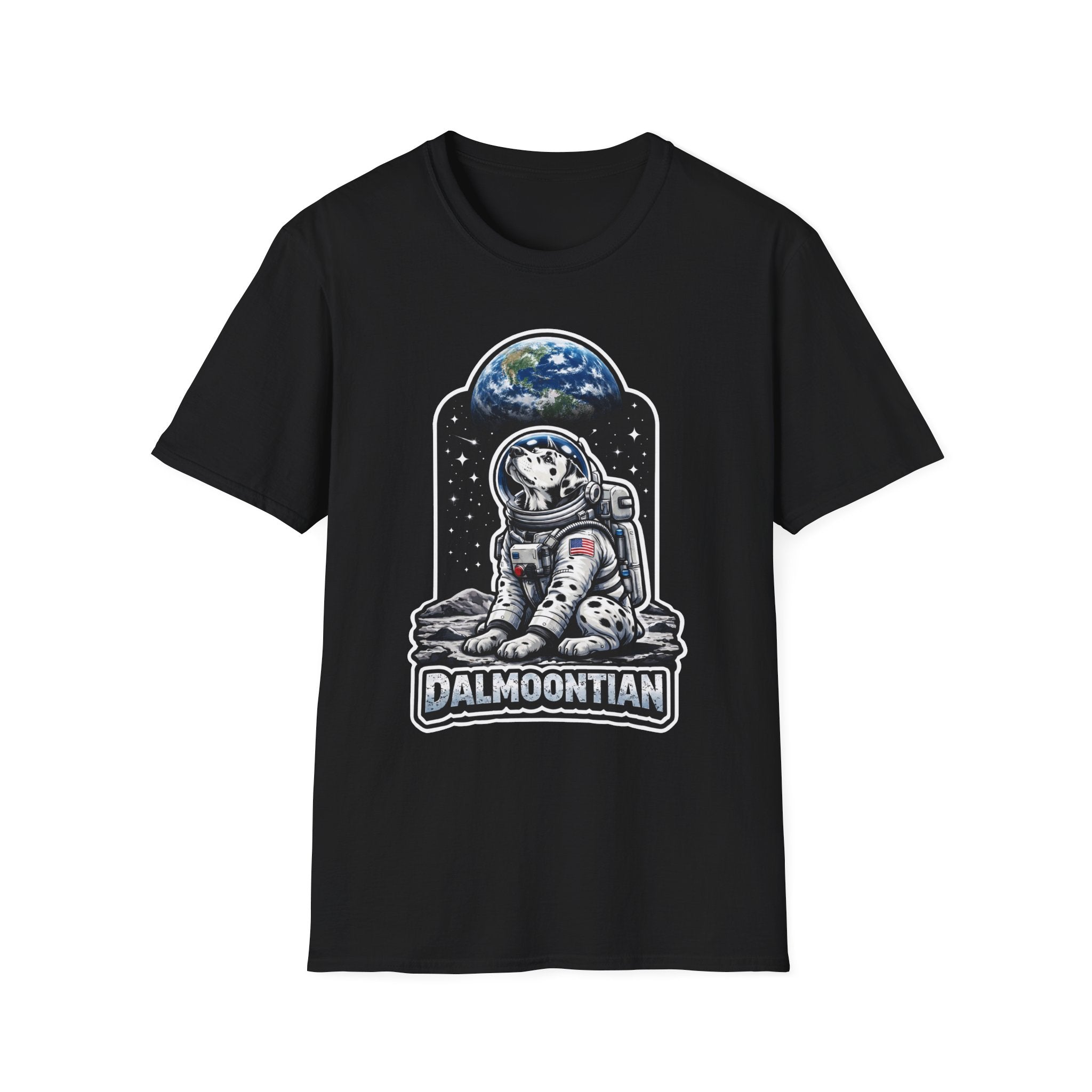 Dalmoontian Funny Dalmatian on the Moon T-Shirt | Cosmic Encounters Collection by PetPulse
