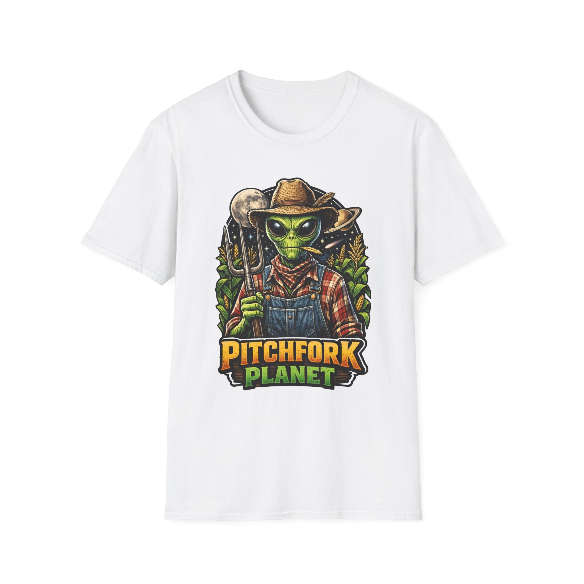 Pitchfork Planet Funny Alien Farmer T-Shirt | Cosmic Encounters Collection by PetPulse