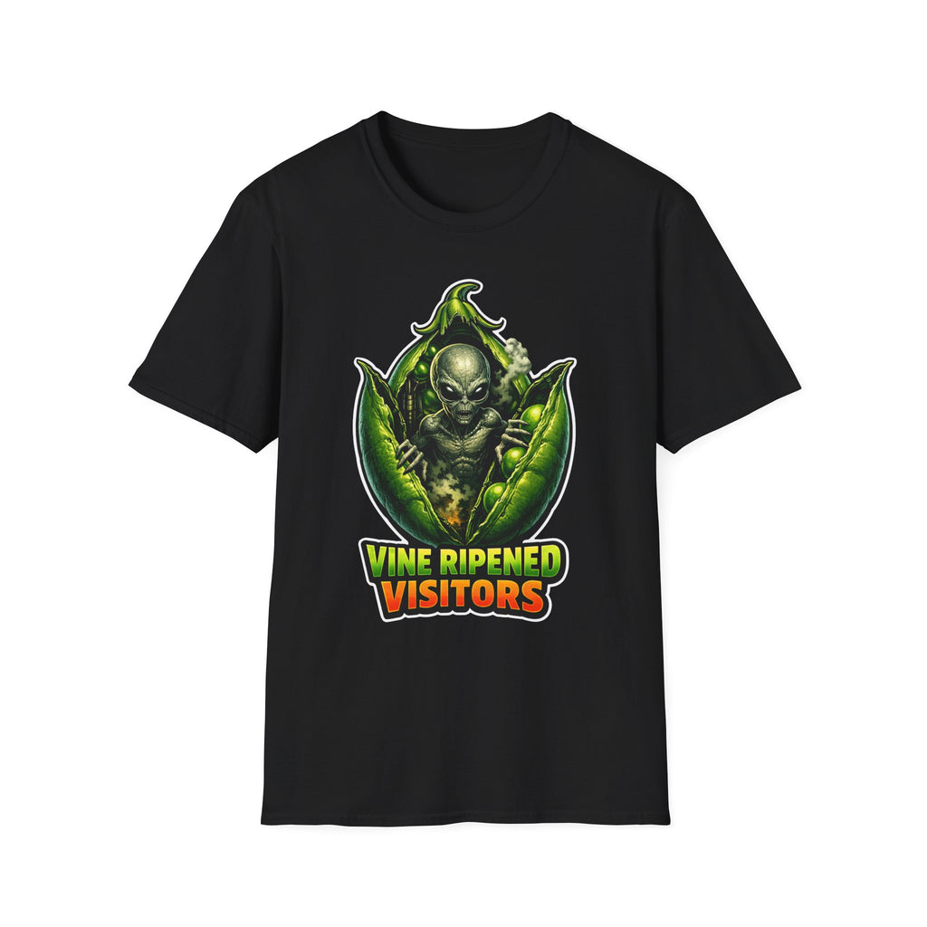 Vine Ripened Visitors Alien Bursting from Pea Pod T-Shirt | Cosmic Encounters Collection by PetPulse