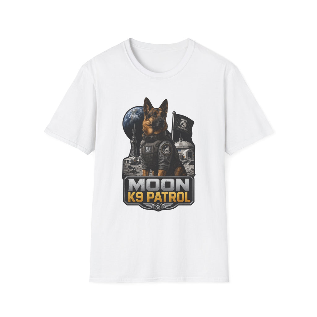 Moon K9 Patrol Funny German Shepherd Space Military T-Shirt | Cosmic Encounters Collection by PetPulse