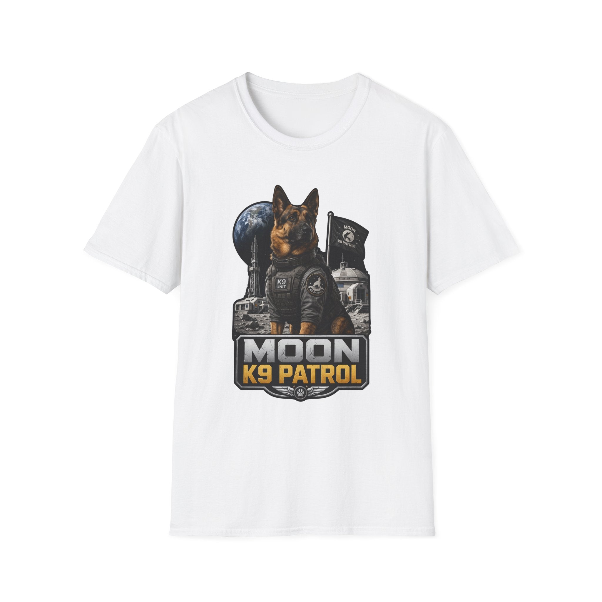 Moon K9 Patrol Funny German Shepherd Space Military T-Shirt | Cosmic Encounters Collection by PetPulse