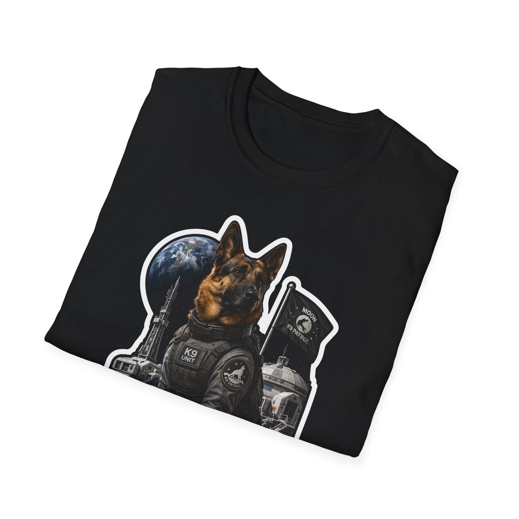 Moon K9 Patrol Funny German Shepherd Space Military T-Shirt | Cosmic Encounters Collection by PetPulse