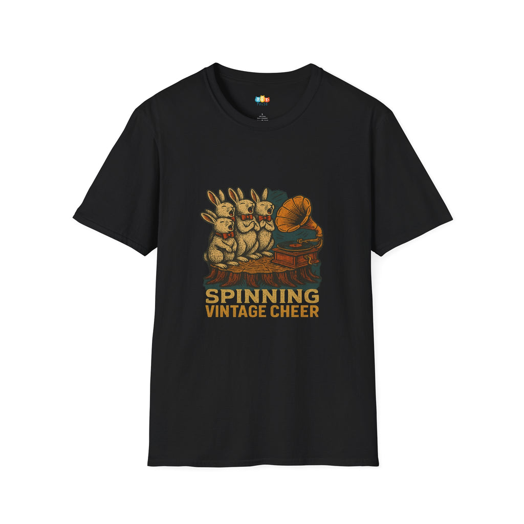 Spinning Vintage Cheer Christmas T-Shirt - Retro Woodland Bunny Carolers Gramophone Holiday Music Xmas Tee