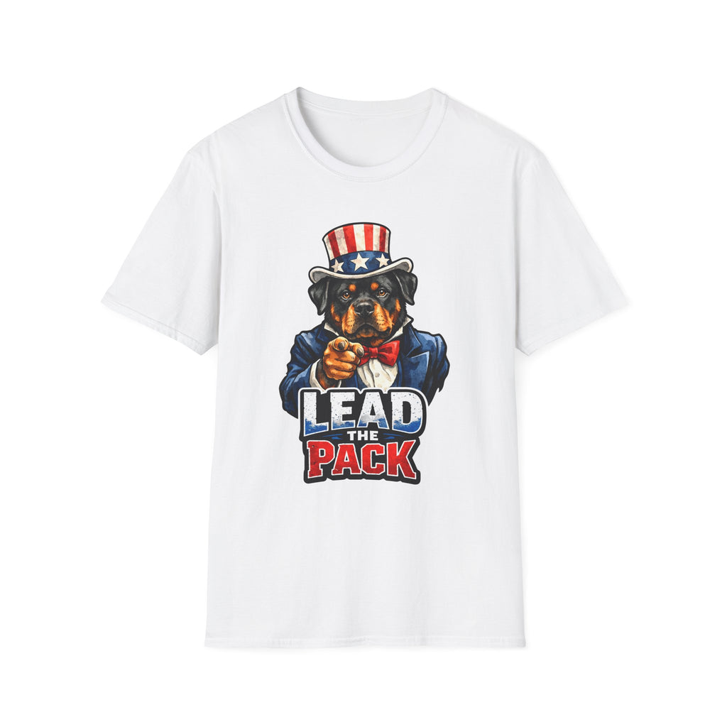 Lead The Pack Funny Uncle Sam Rottweiler T-Shirt | Patriotic Rottie in Top Hat and Suit Graphic Tee | Uncle Sam Pups
