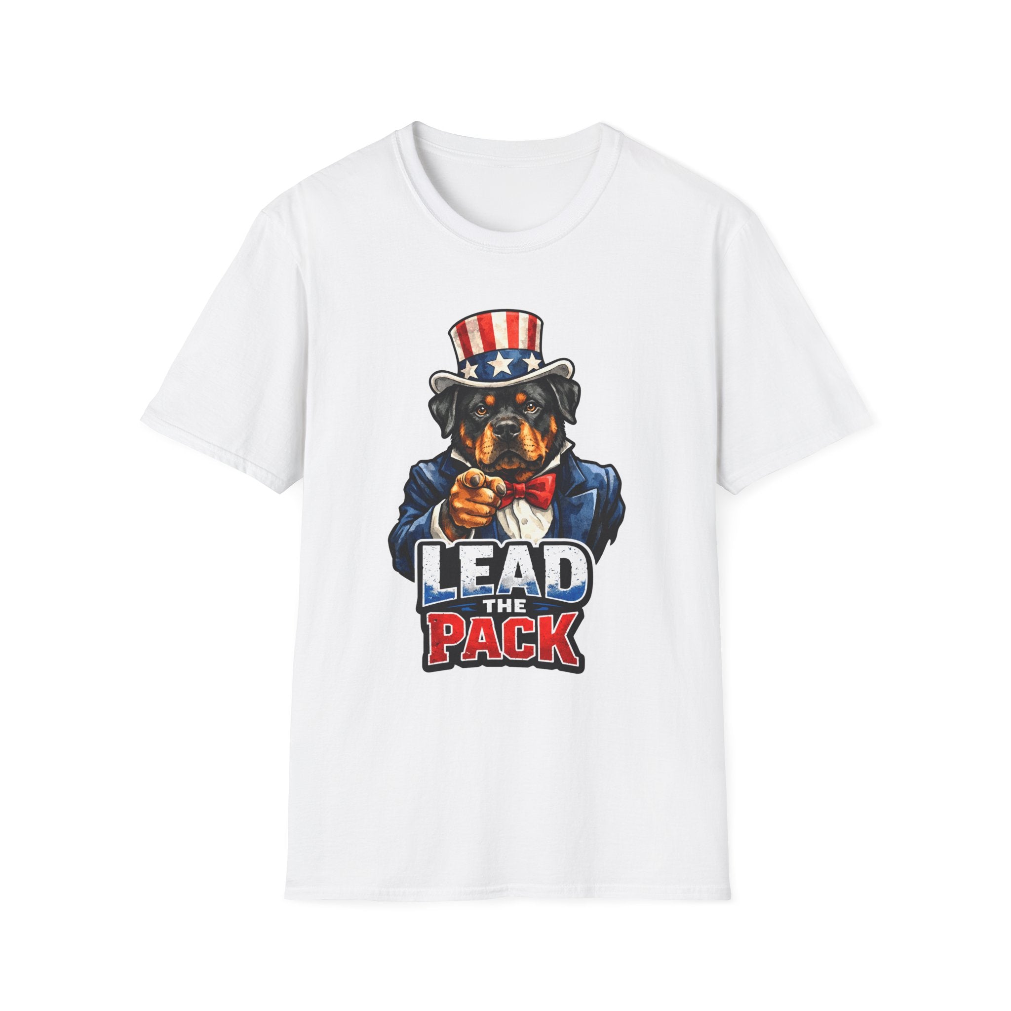 Lead The Pack Funny Uncle Sam Rottweiler T-Shirt | Patriotic Rottie in Top Hat and Suit Graphic Tee | Uncle Sam Pups