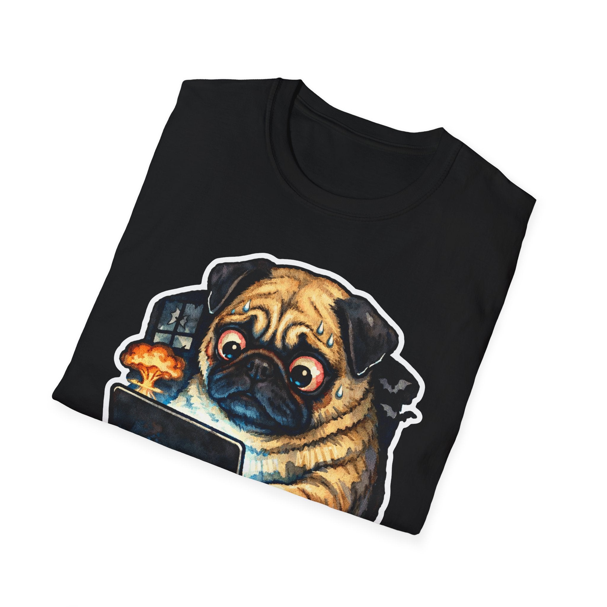 Dogs Disasters Doomscrolling Funny Pug Laptop T-Shirt | Tech Pack Collection by PetPulse