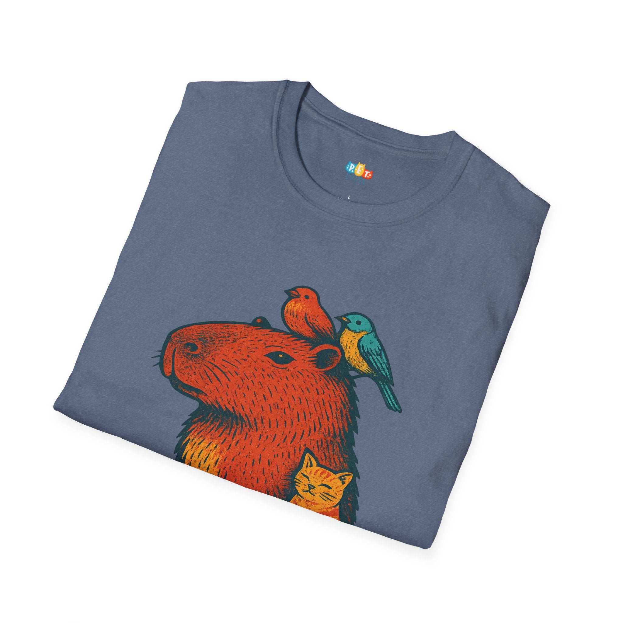 Unbothered Capybara With Cat And Birds T-Shirt - Funny Chill Animal Friendship Zen Vibes Graphic Tee