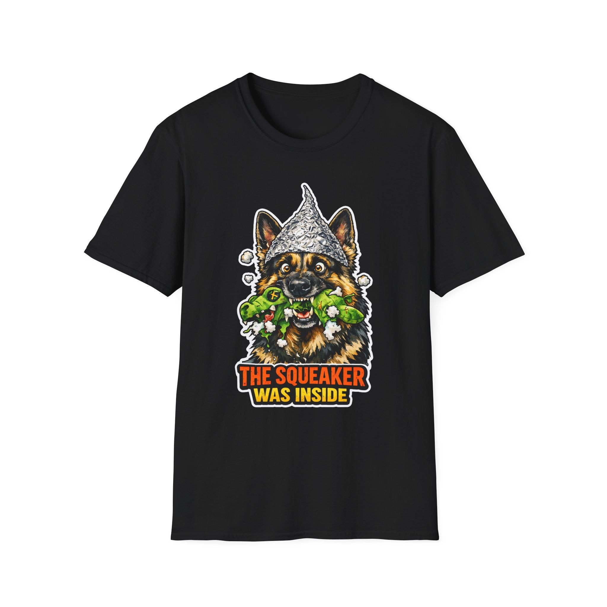 The Squeaker Was Inside Funny Conspiracy German Shepherd T-Shirt | Pet-Spiracy Theorist Collection by PetPulse