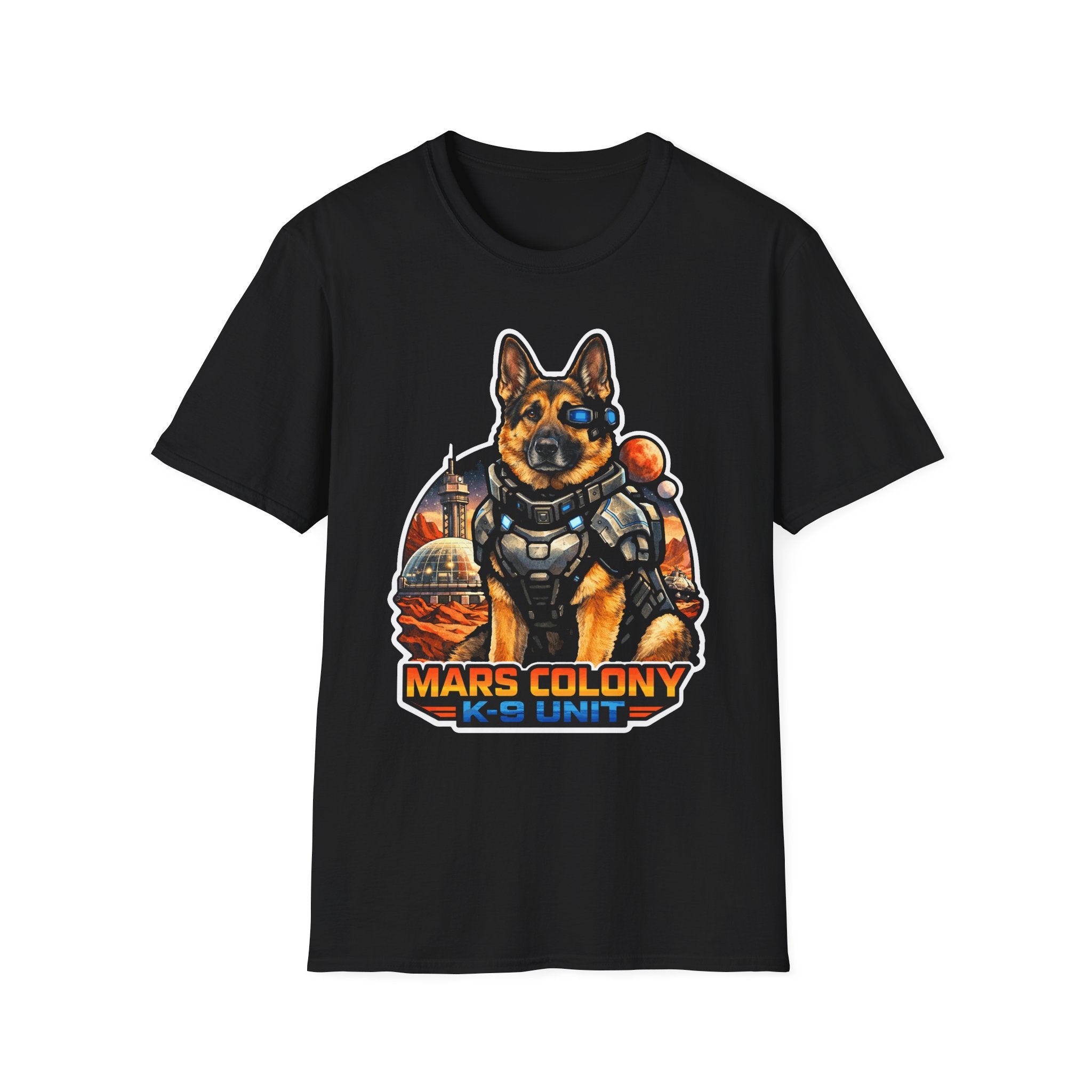 Mars Colony K-9 Unit Funny German Shepherd Space Armor T-Shirt | Cosmic Encounters Collection by PetPulse