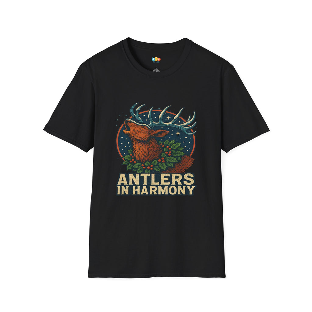 Antlers In Harmony Christmas T-Shirt - Vintage Woodland Deer Holiday Nature Wildlife Rustic Xmas Tee