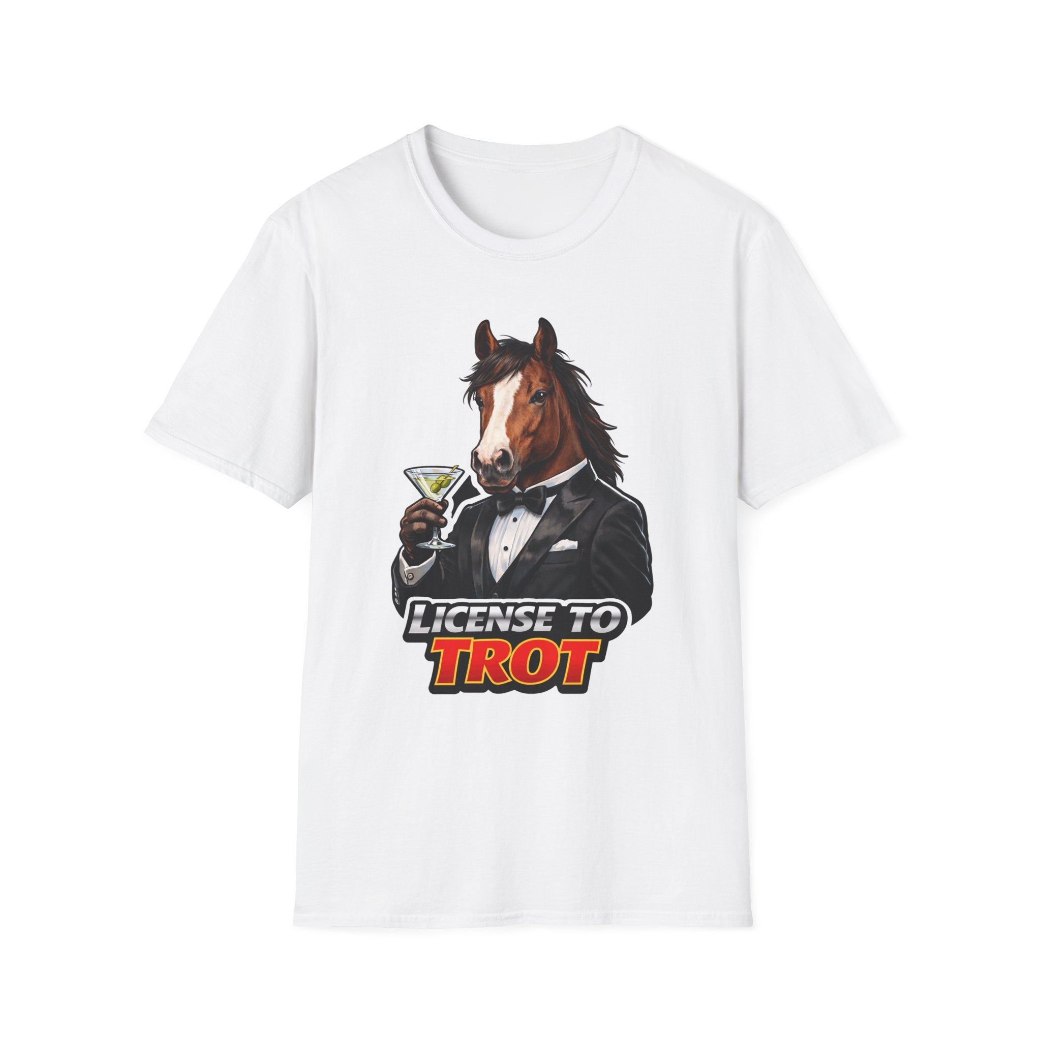 License to Trot Action Hero Horse T-Shirt | Tuxedo Martini Secret Agent Horse Graphic Tee | Mane Event Collection by PetPulse