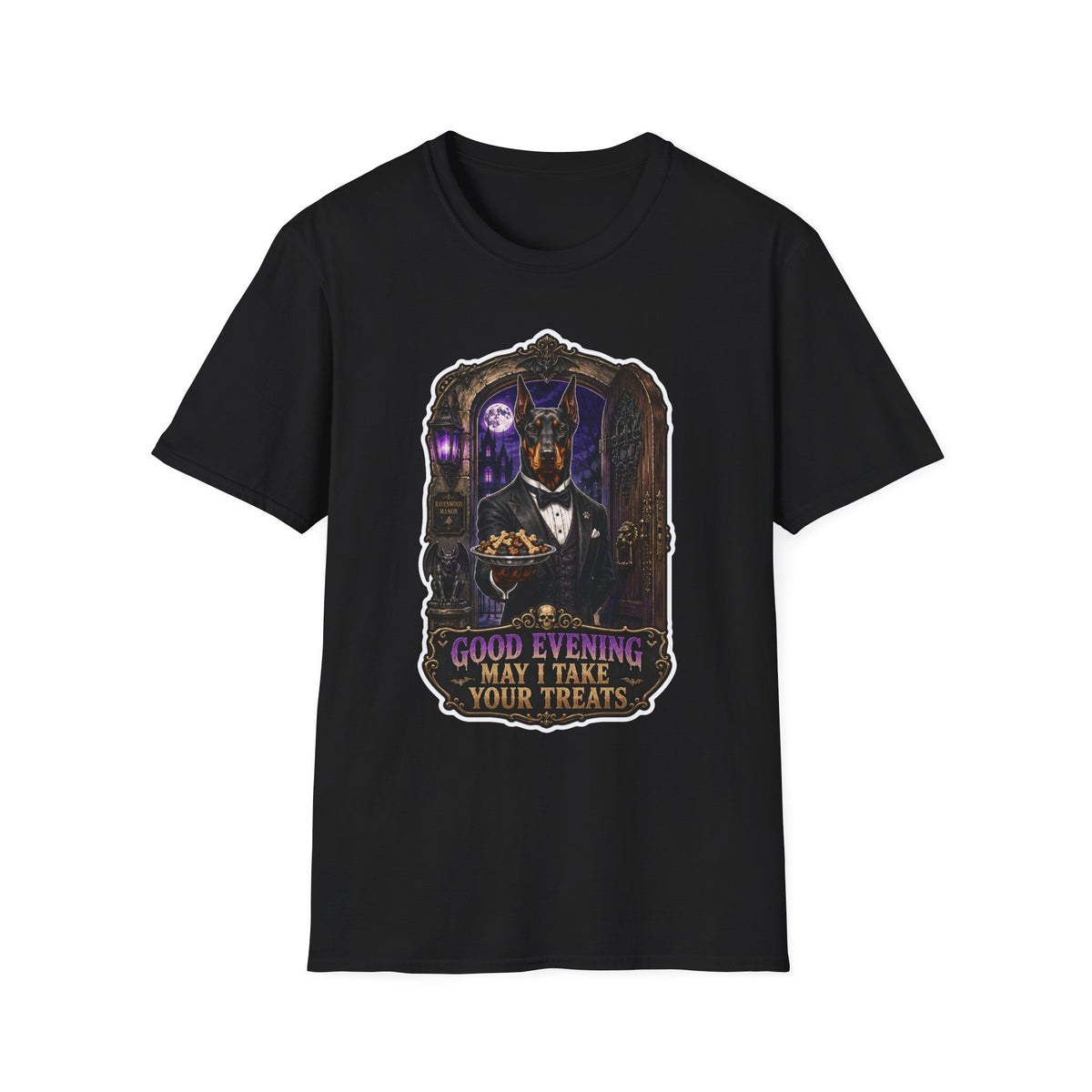 Good Evening May I Take Your Treats Doberman Butler T-Shirt | Halloween Pet T-Shirts Collection by PetPulse