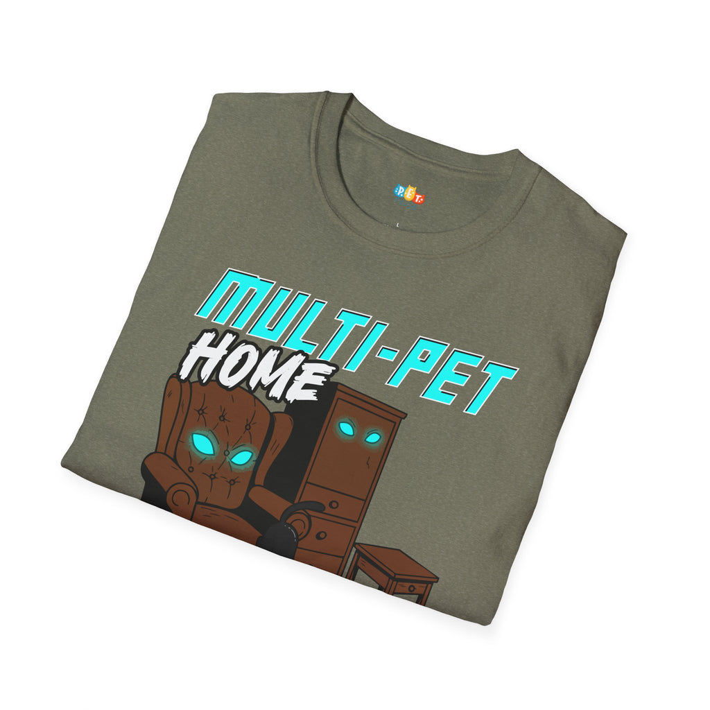Multi Pet Home Where Silence Is Suspicious T-Shirt - Funny Pet Parent Chaos Warning Sign Humor Tee