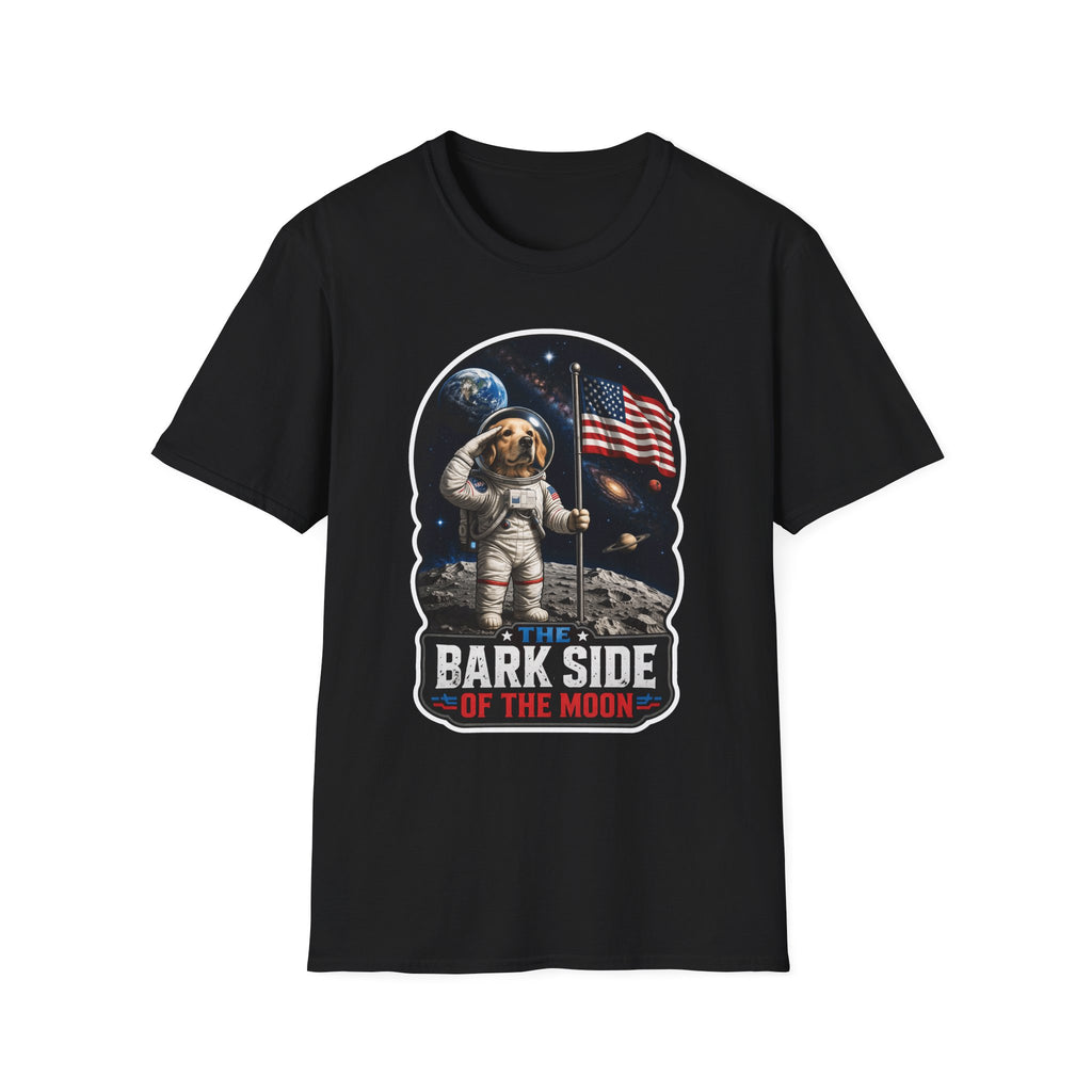The Bark Side of the Moon Funny Astronaut Golden Retriever Flag T-Shirt | Cosmic Encounters Collection by PetPulse