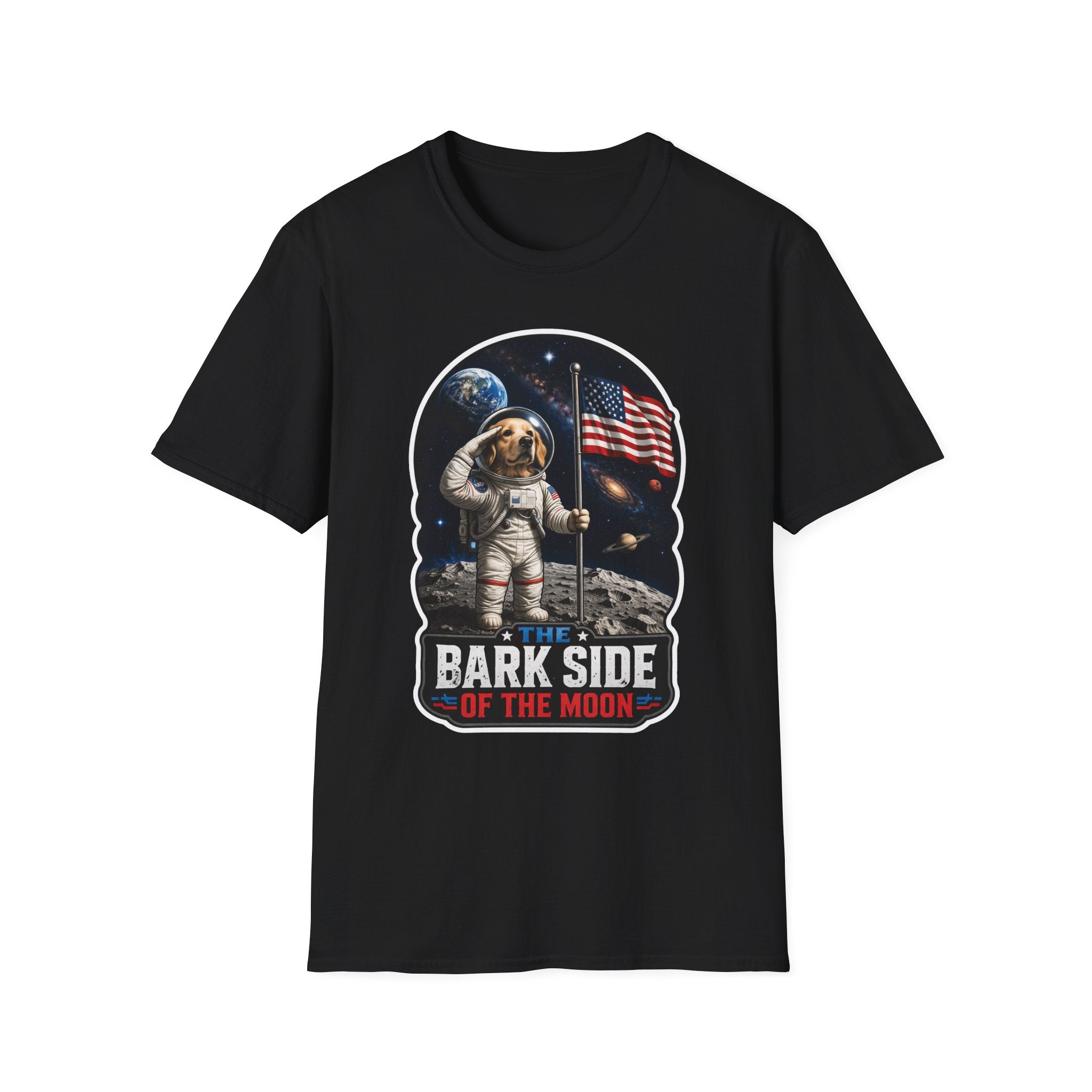 The Bark Side of the Moon Funny Astronaut Golden Retriever Flag T-Shirt | Cosmic Encounters Collection by PetPulse