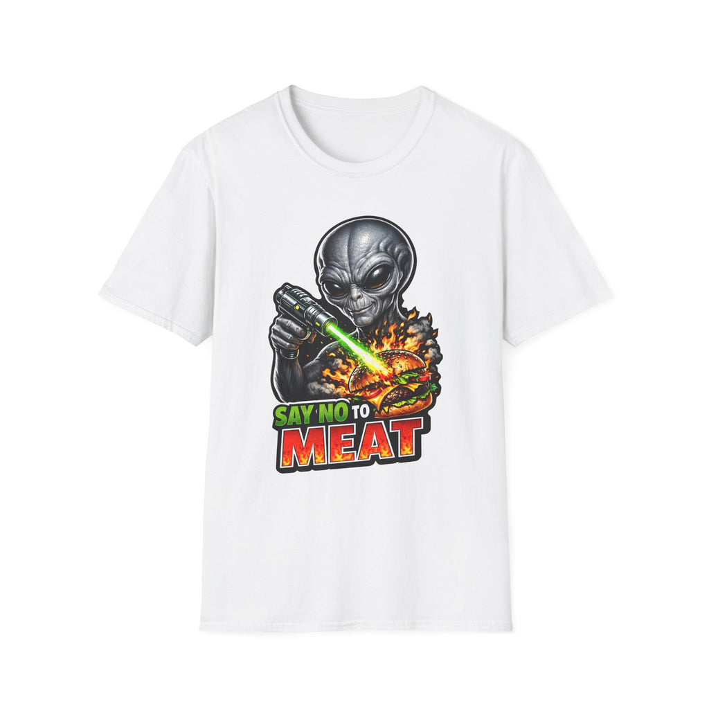 Say No to Meat Funny Alien Laser Blasting Burger T-Shirt | Cosmic Encounters Collection by PetPulse