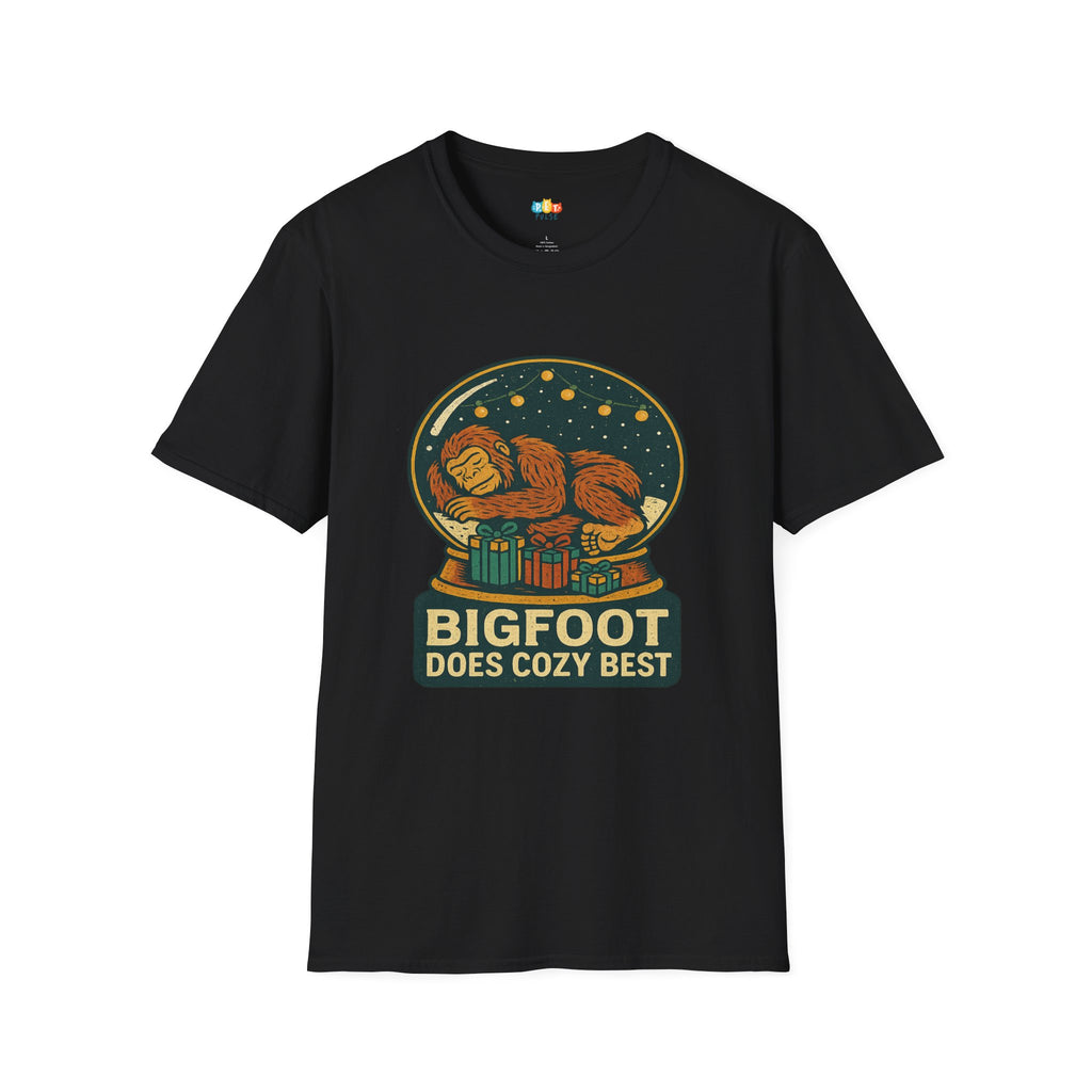 Bigfoot Does Cozy Best Christmas T-Shirt - Funny Holiday Snow Globe Sasquatch Winter Cryptid Xmas Tee